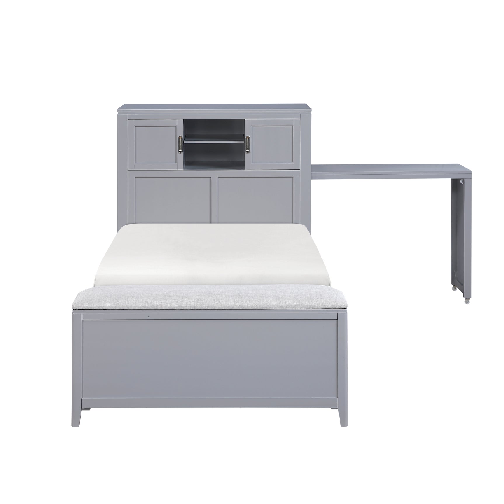 Sloane Smoke Gray Twin Bookcase Platform Bed with Hidden Desk & Stool and Storage Bench - Ornate Home