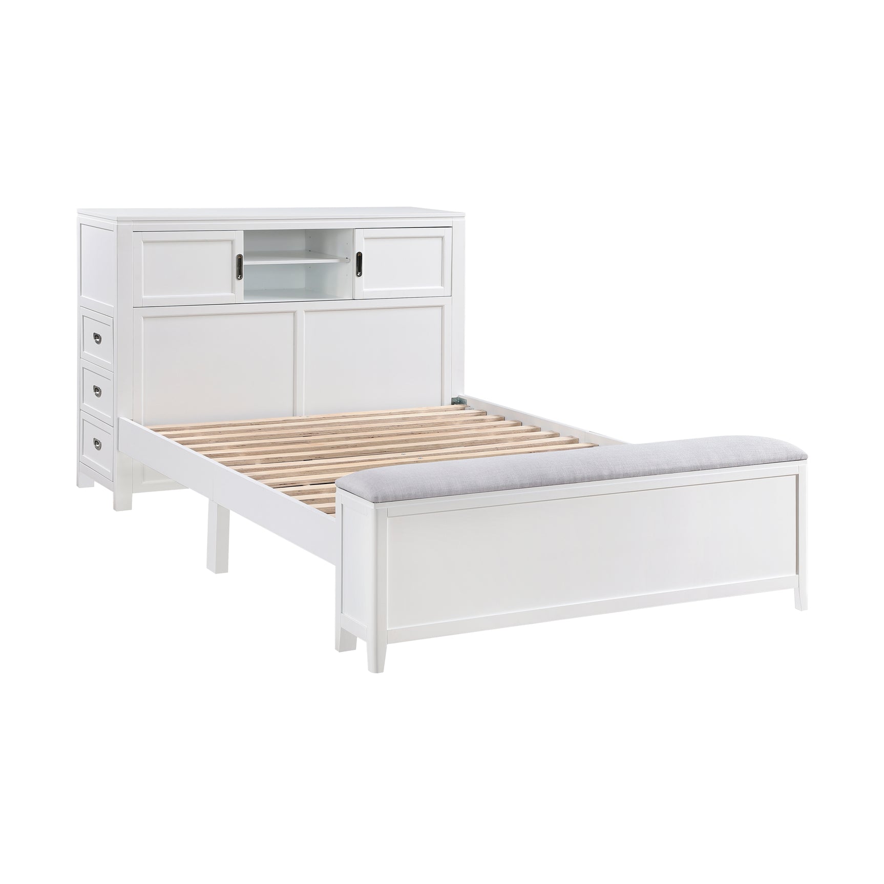 Sloane White Full Bookcase Platform Bed with Hidden Desk & Stool and Storage Bench - Ornate Home