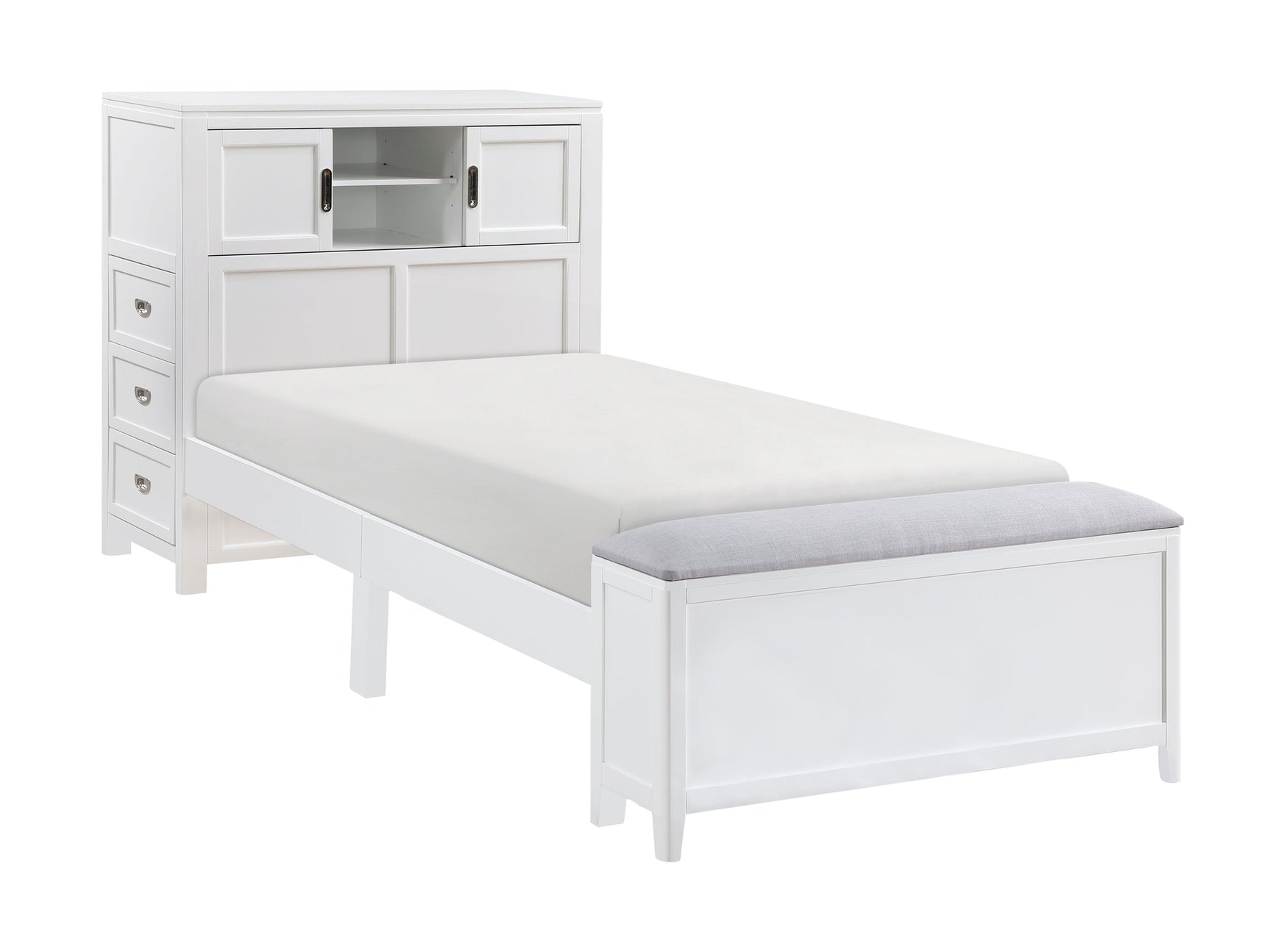 Sloane White Twin Bookcase Platform Bed with Hidden Desk & Stool and Storage Bench - Ornate Home
