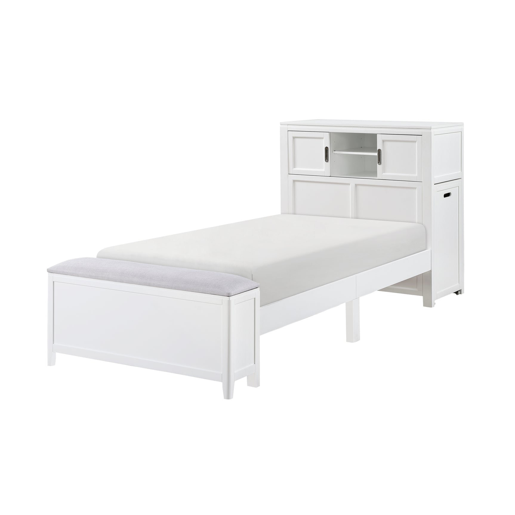 Sloane White Twin Bookcase Platform Bed with Hidden Desk & Stool and Storage Bench - Ornate Home