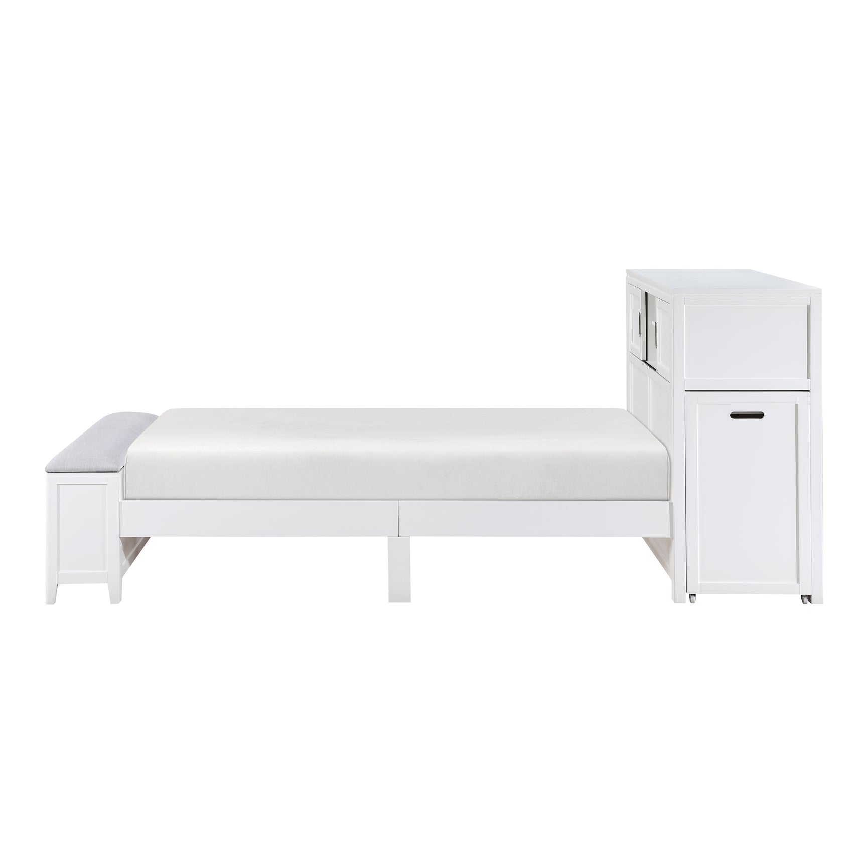 Sloane White Twin Bookcase Platform Bed with Hidden Desk & Stool and Storage Bench - Ornate Home