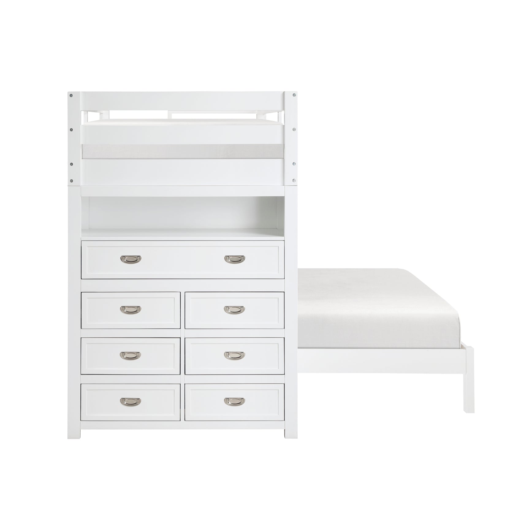 Sloane White Twin / Full Loft Bunk Bed with Chest and Hidden Desk - Ornate Home