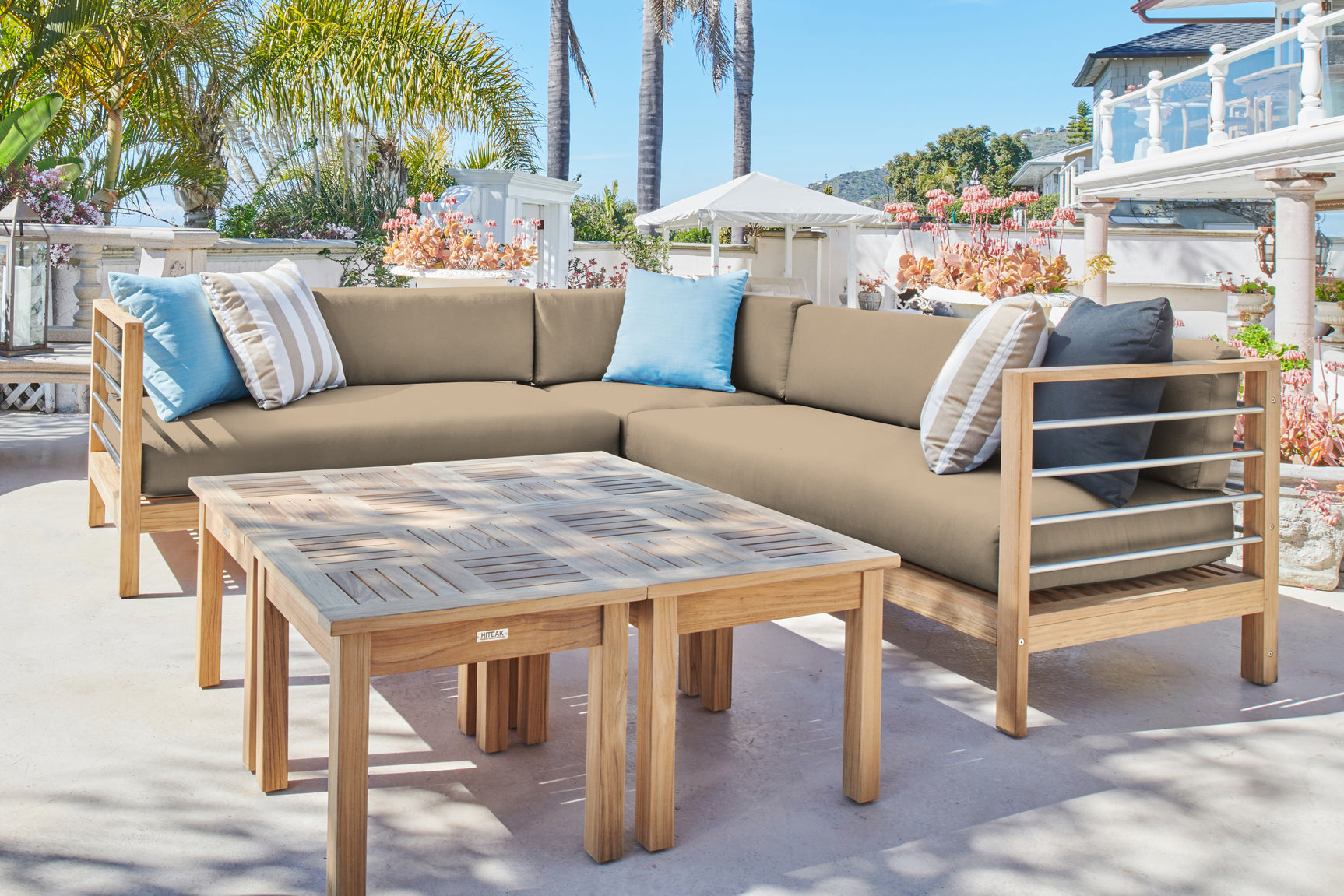 SoHo Teak Fawn Outdoor Sectional Left Sofa with Sunbrella® Cushion - Ornate Home