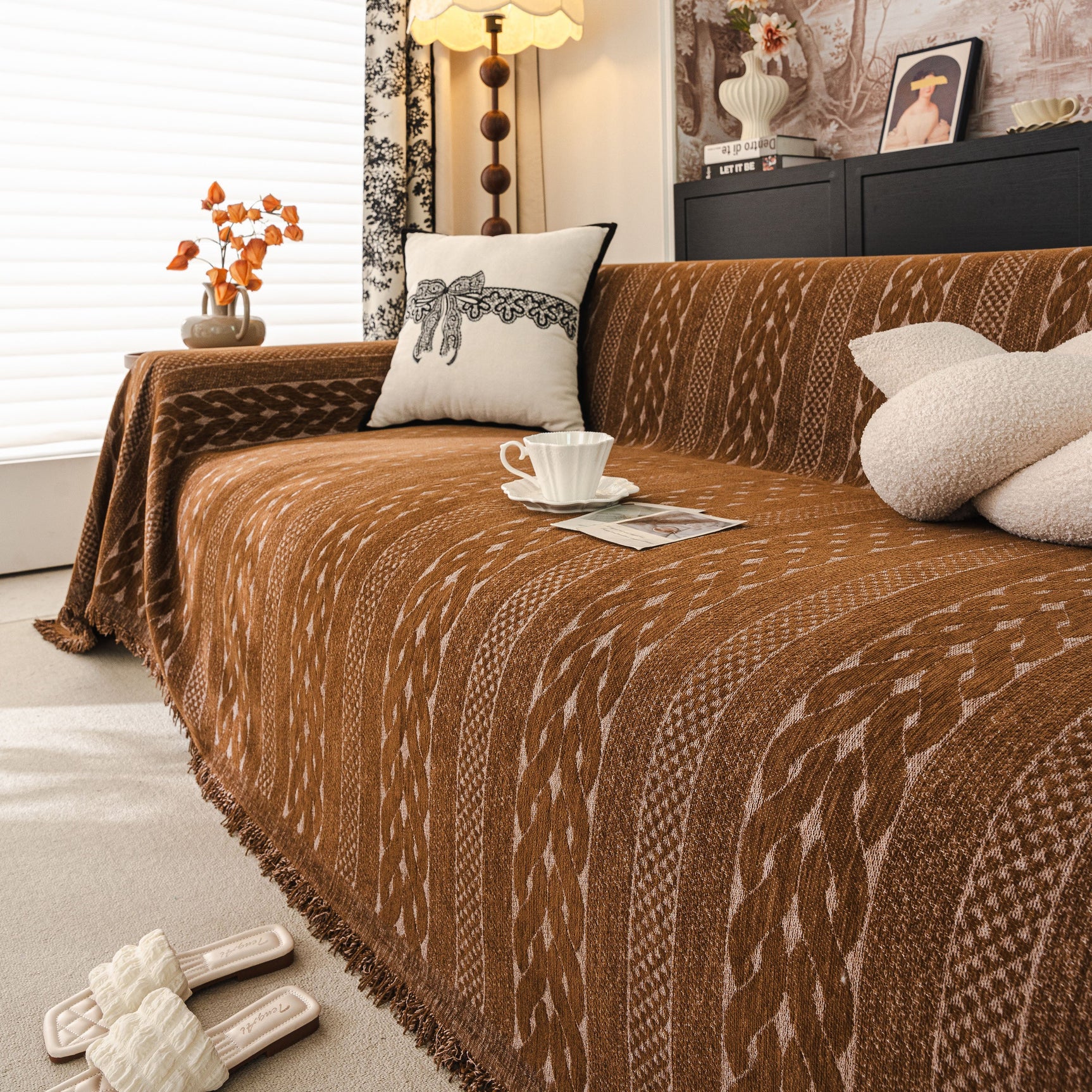 Sofa Cover Blanket Throw with Tassels, Decorative Furniture Protector for Dogs/Pets - Ornate Home