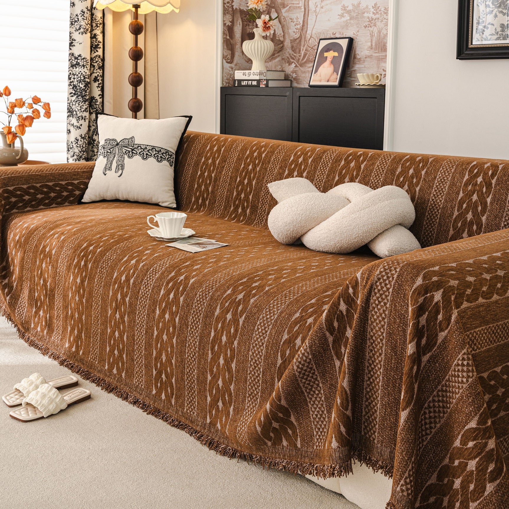 Sofa Cover Blanket Throw with Tassels, Decorative Furniture Protector for Dogs/Pets - Ornate Home
