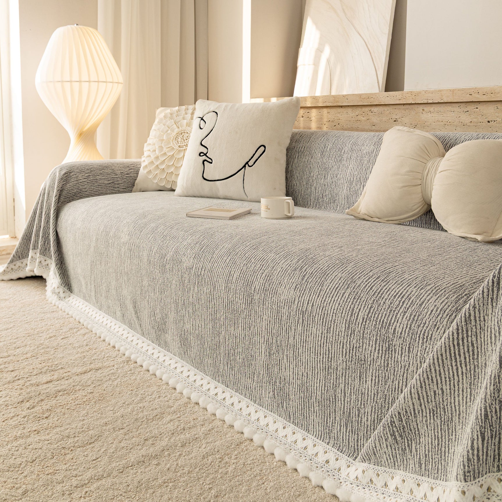 Sofa Cover Throw with Lace Trim & Pom-Pom Fringe, Decorative Couch Cover Blanket - Ornate Home