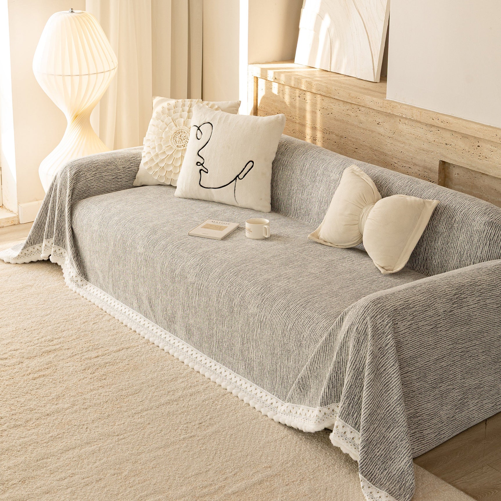 Sofa Cover Throw with Lace Trim & Pom-Pom Fringe, Decorative Couch Cover Blanket - Ornate Home