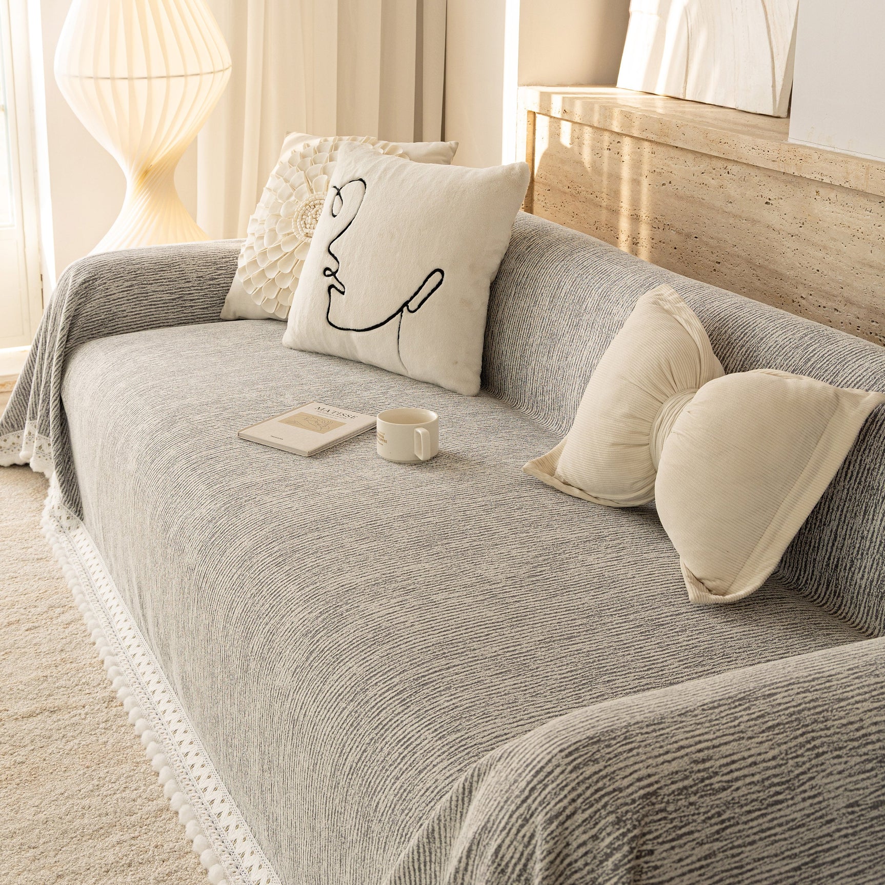 Sofa Cover Throw with Lace Trim & Pom-Pom Fringe, Decorative Couch Cover Blanket - Ornate Home