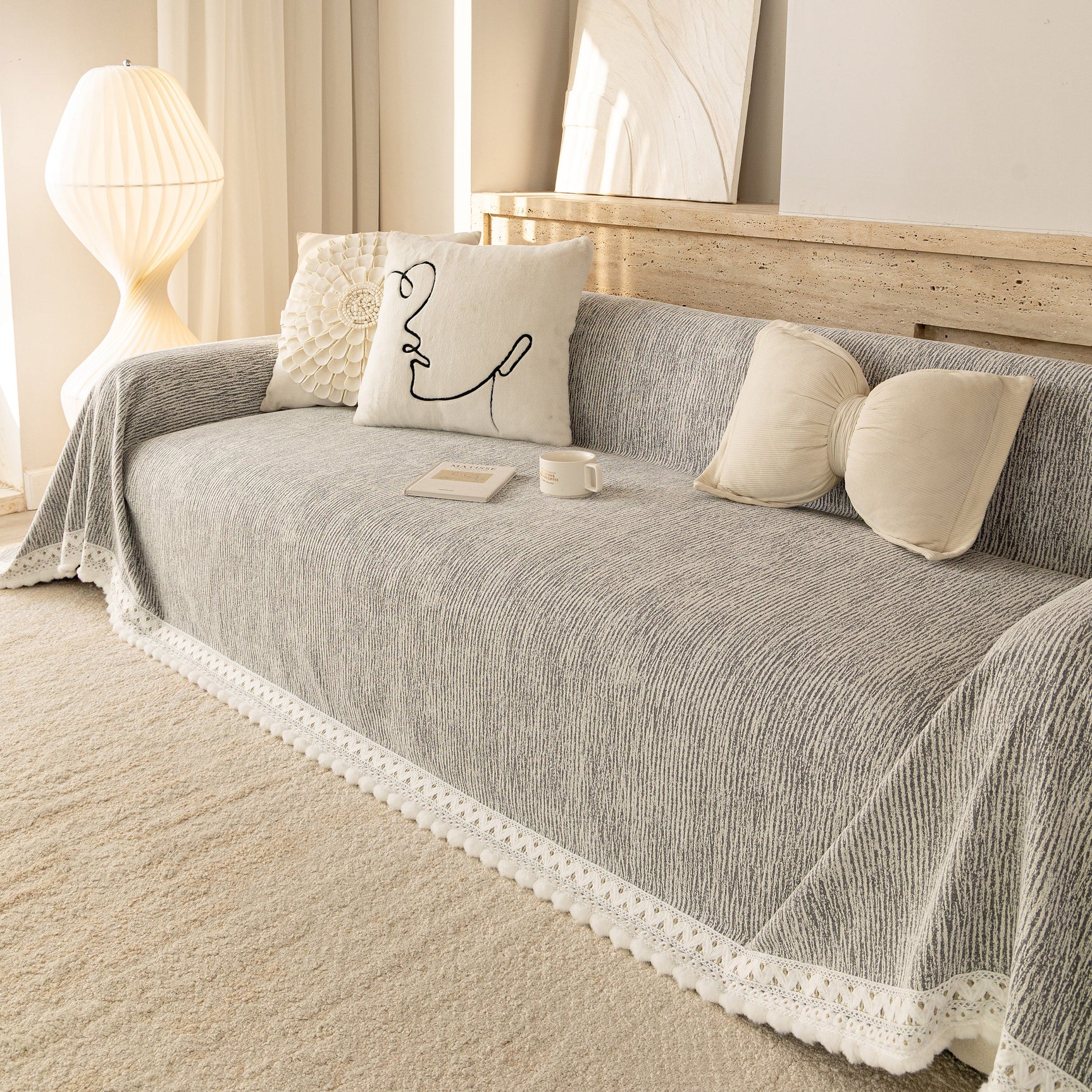 Sofa Cover Throw with Lace Trim & Pom-Pom Fringe, Decorative Couch Cover Blanket - Ornate Home