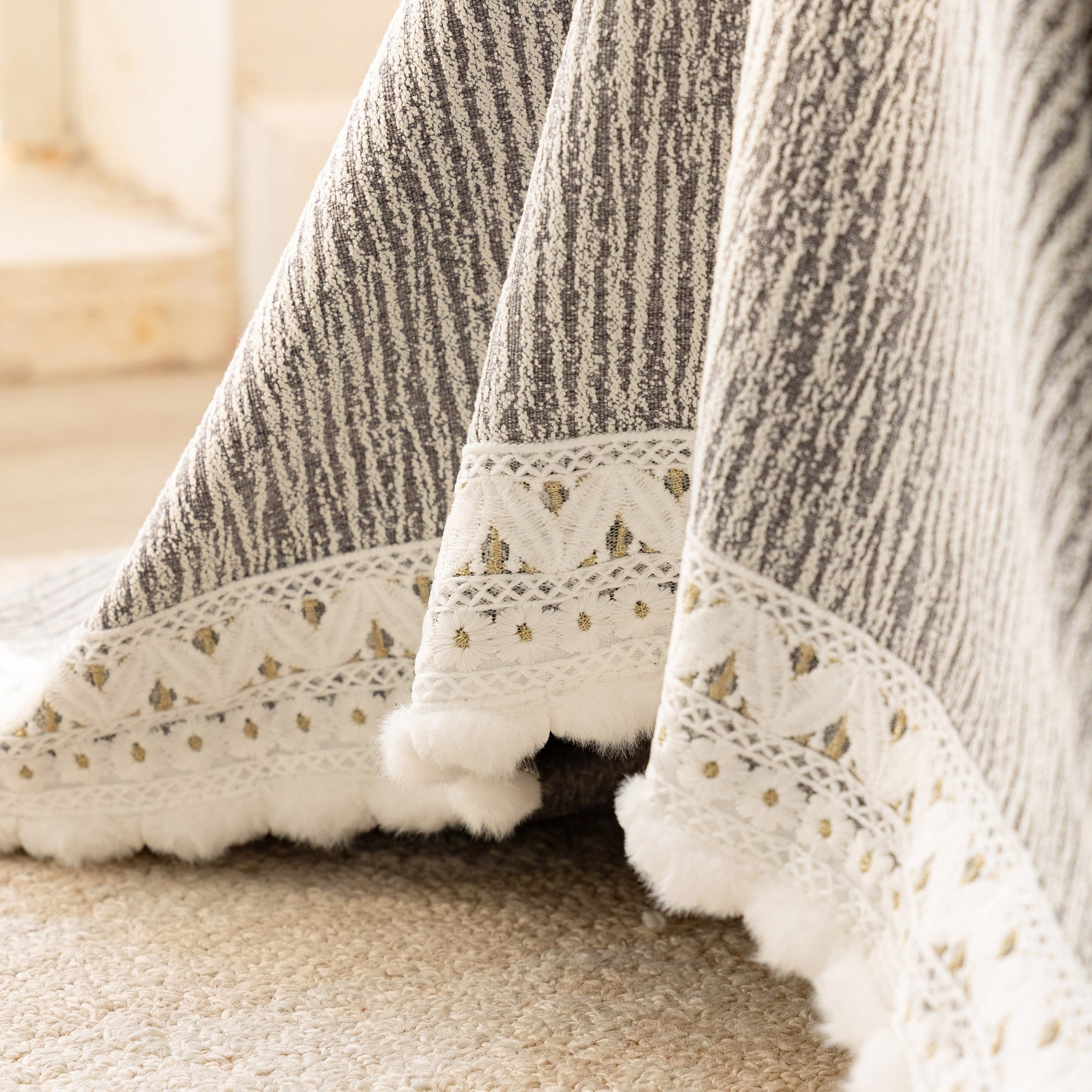 Sofa Cover Throw with Lace Trim & Pom-Pom Fringe, Decorative Couch Cover Blanket - Ornate Home