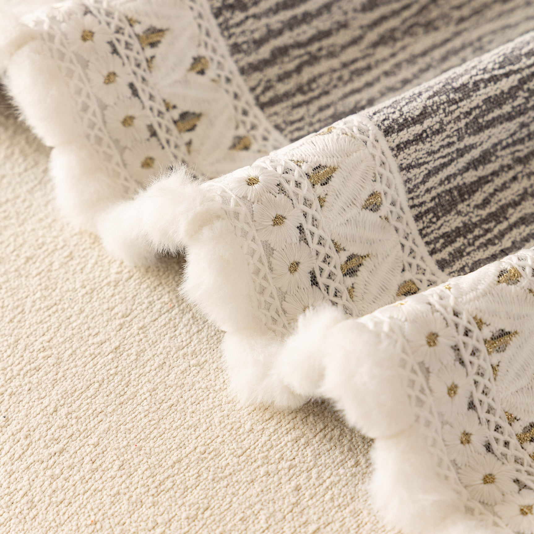 Sofa Cover Throw with Lace Trim & Pom-Pom Fringe, Decorative Couch Cover Blanket - Ornate Home