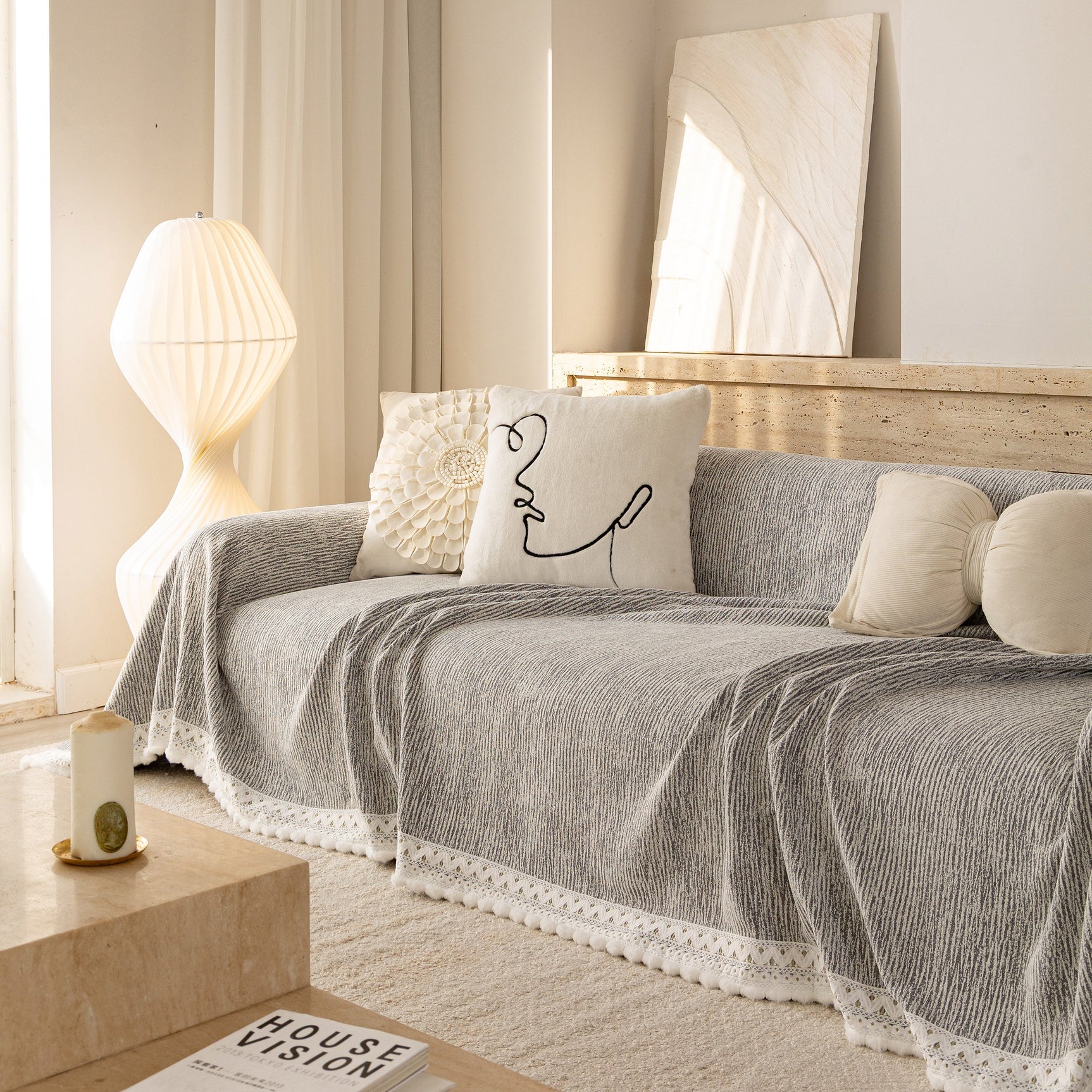 Sofa Cover Throw with Lace Trim & Pom-Pom Fringe, Decorative Couch Cover Blanket - Ornate Home