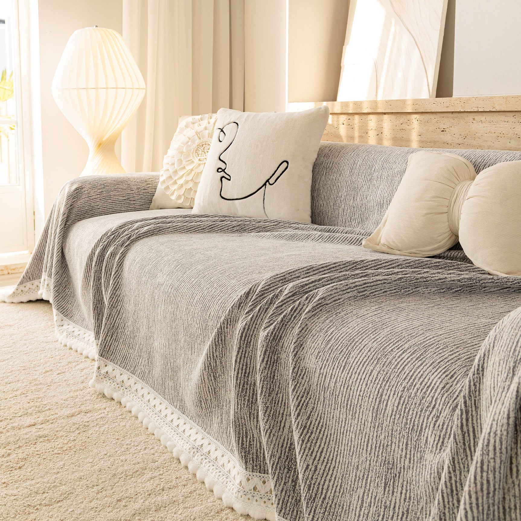 Sofa Cover Throw with Lace Trim & Pom-Pom Fringe, Decorative Couch Cover Blanket - Ornate Home