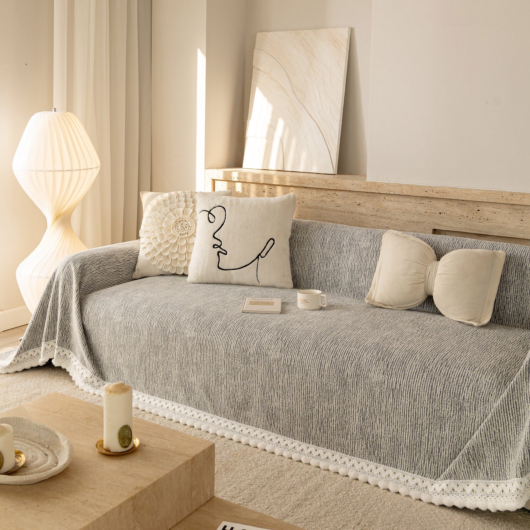 Sofa Cover Throw with Lace Trim & Pom-Pom Fringe, Decorative Couch Cover Blanket - Ornate Home