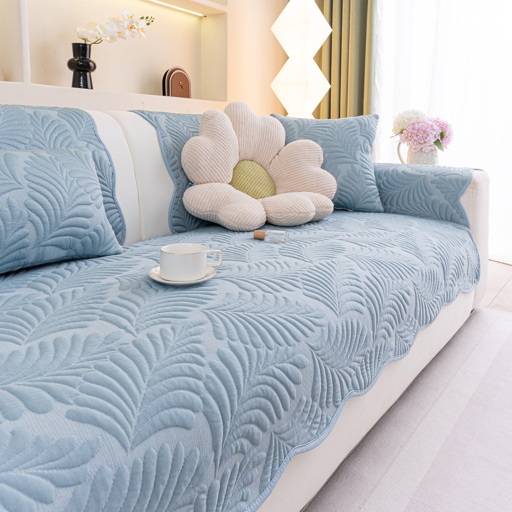Sofa Cover for Leather & Fabric Couches, 3D Leaf Embossed Quilted Furniture Covers - Ornate Home