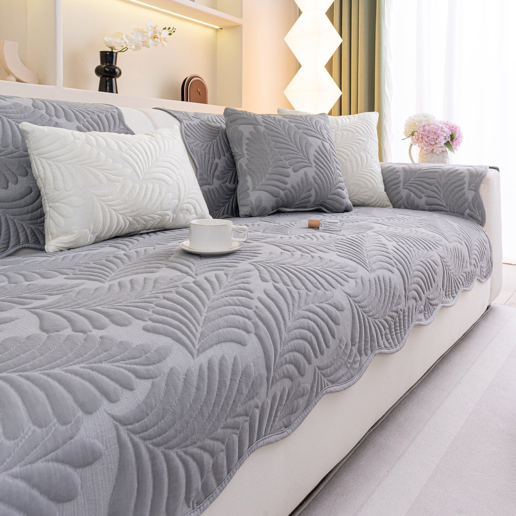 Sofa Cover for Leather & Fabric Couches, 3D Leaf Embossed Quilted Furniture Covers - Ornate Home