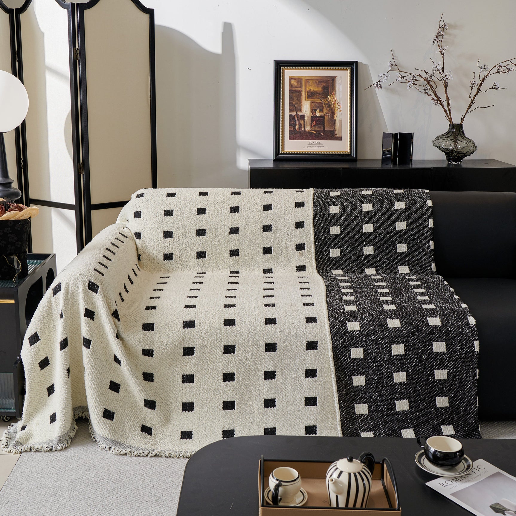 Sofa Throw Blanket with Woven Geometric Pattern & Tassels, Soft & Thick Couch Cover - Ornate Home