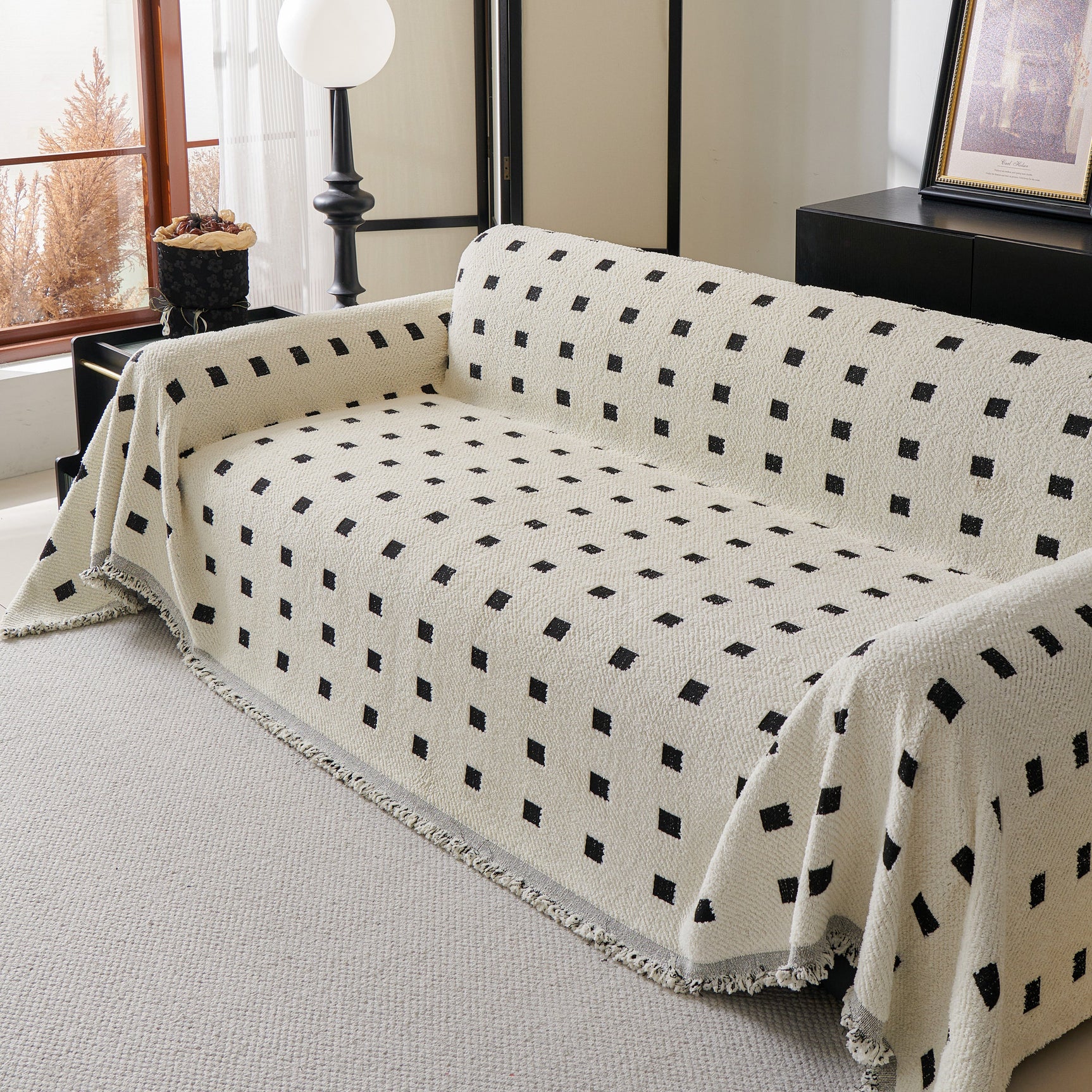 Sofa Throw Blanket with Woven Geometric Pattern & Tassels, Soft & Thick Couch Cover - Ornate Home