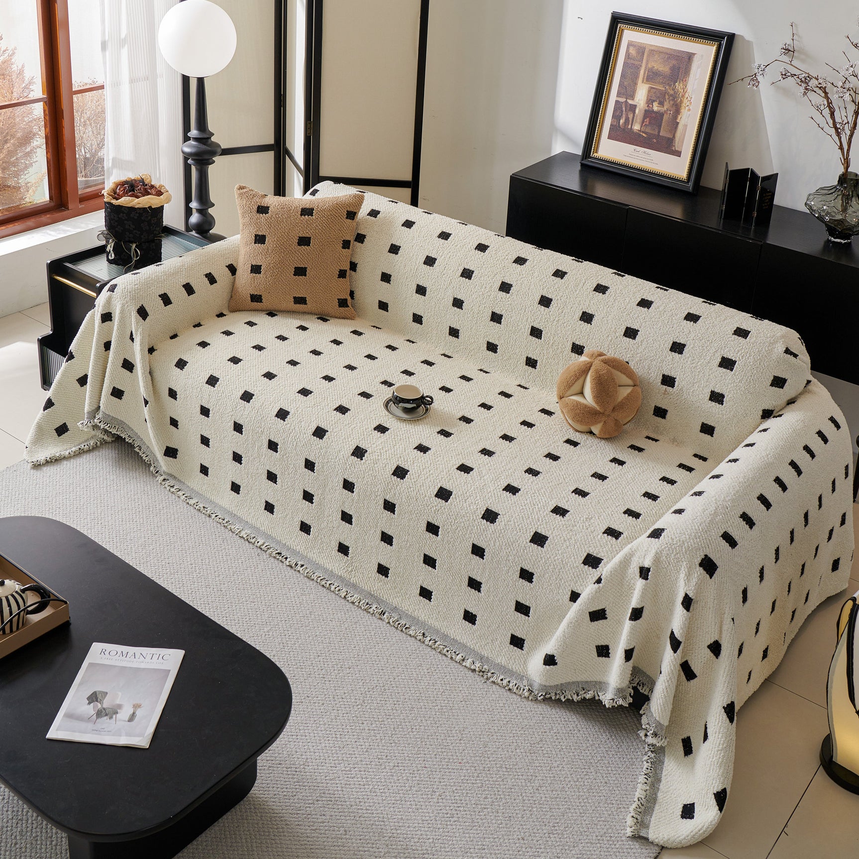 Sofa Throw Blanket with Woven Geometric Pattern & Tassels, Soft & Thick Couch Cover - Ornate Home