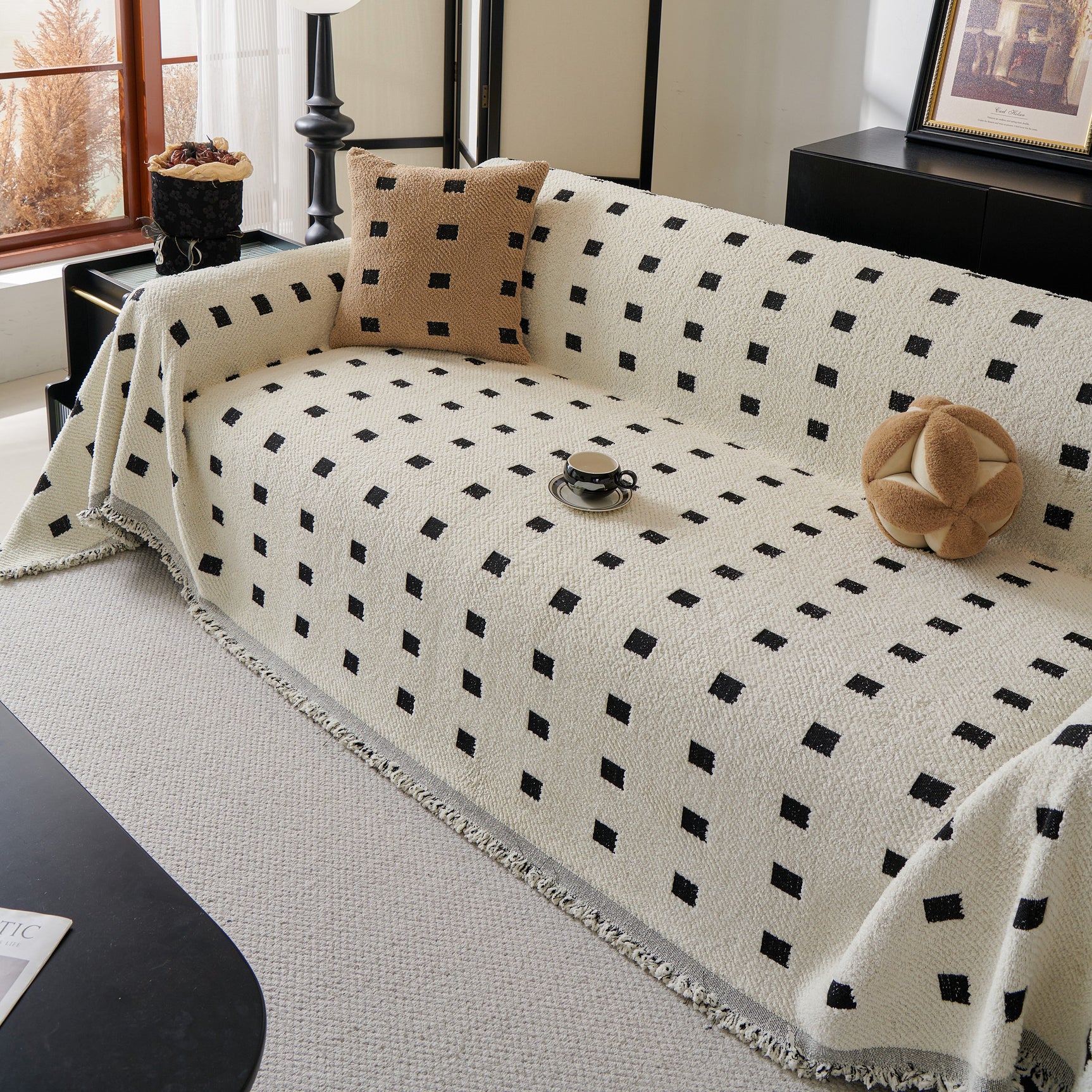 Sofa Throw Blanket with Woven Geometric Pattern & Tassels, Soft & Thick Couch Cover - Ornate Home
