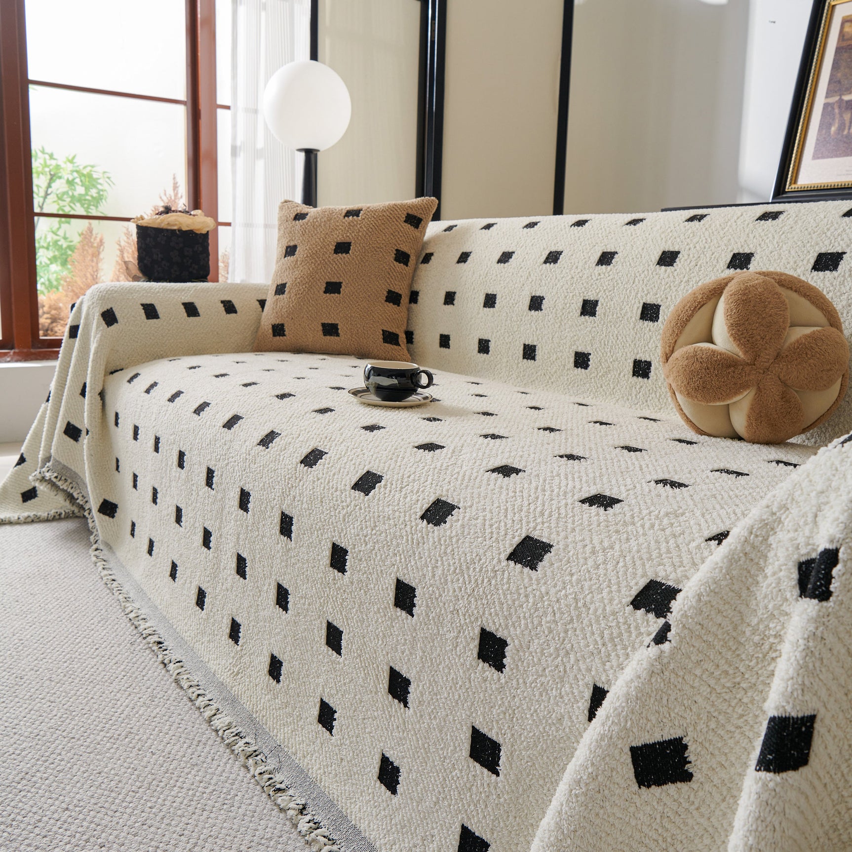 Sofa Throw Blanket with Woven Geometric Pattern & Tassels, Soft & Thick Couch Cover - Ornate Home