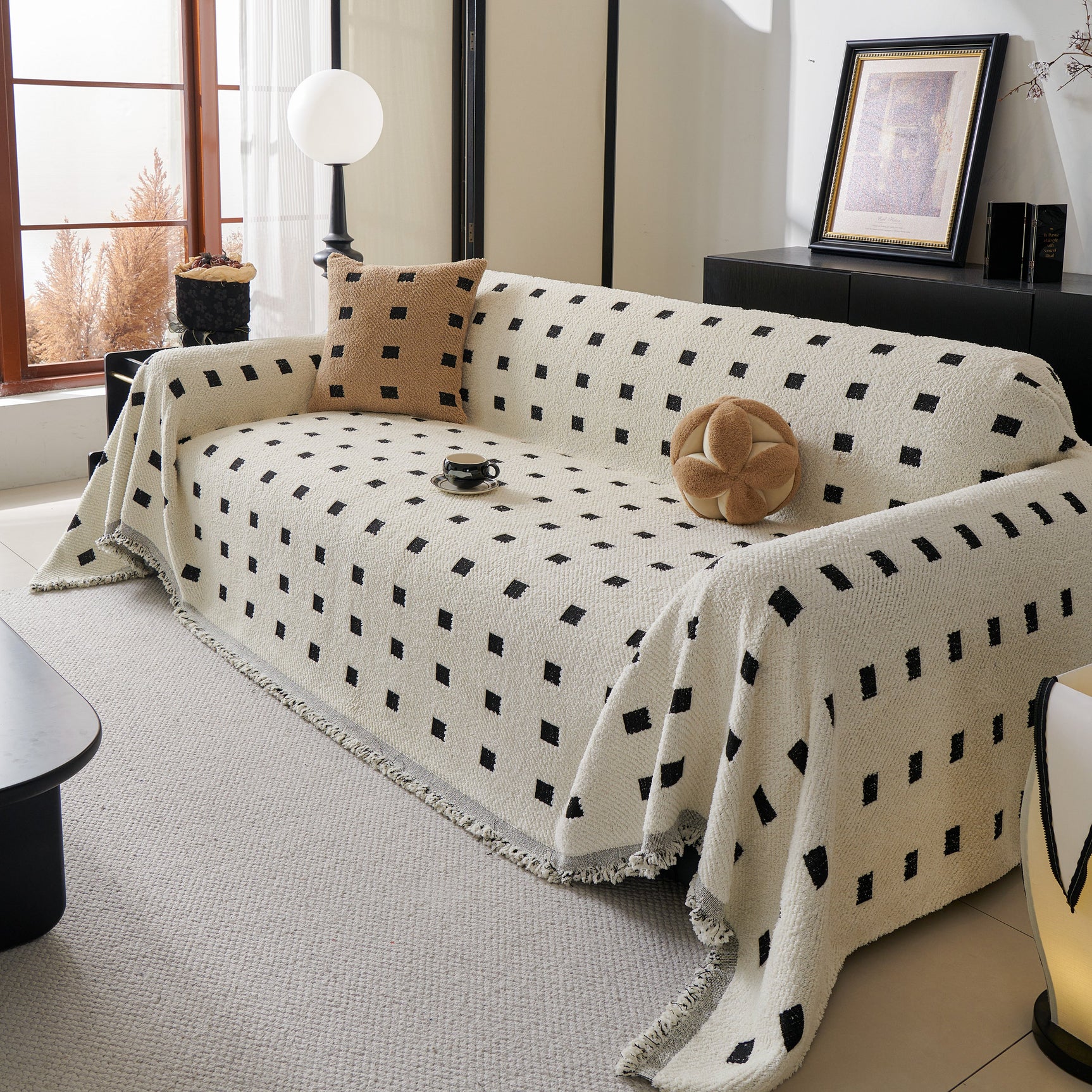 Sofa Throw Blanket with Woven Geometric Pattern & Tassels, Soft & Thick Couch Cover - Ornate Home