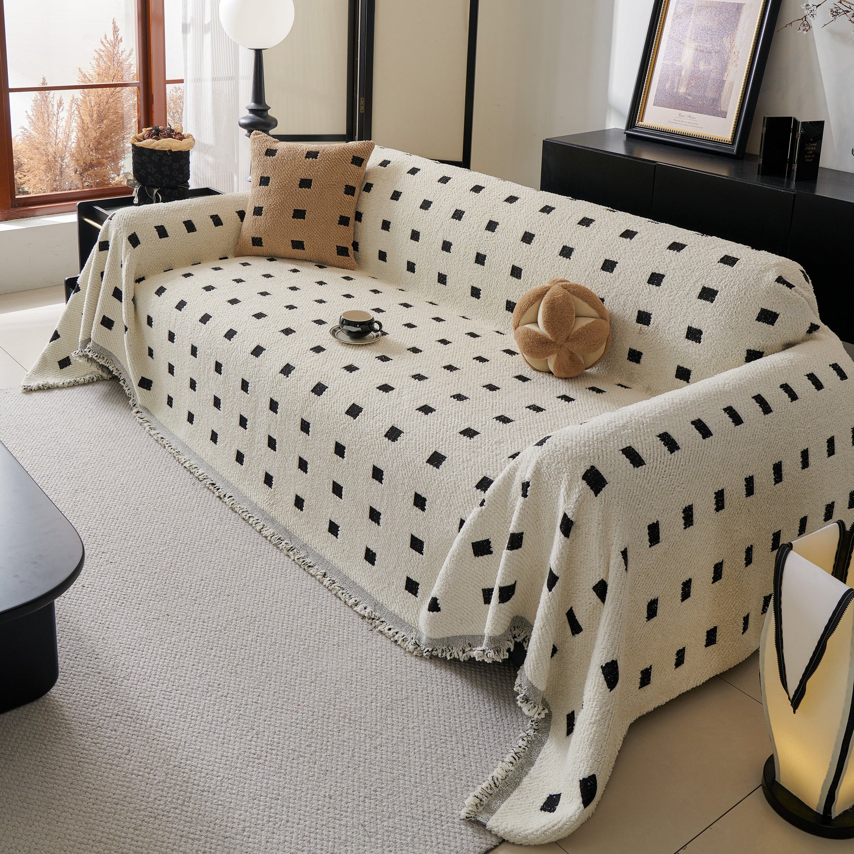 Sofa Throw Blanket with Woven Geometric Pattern & Tassels, Soft & Thick Couch Cover - Ornate Home