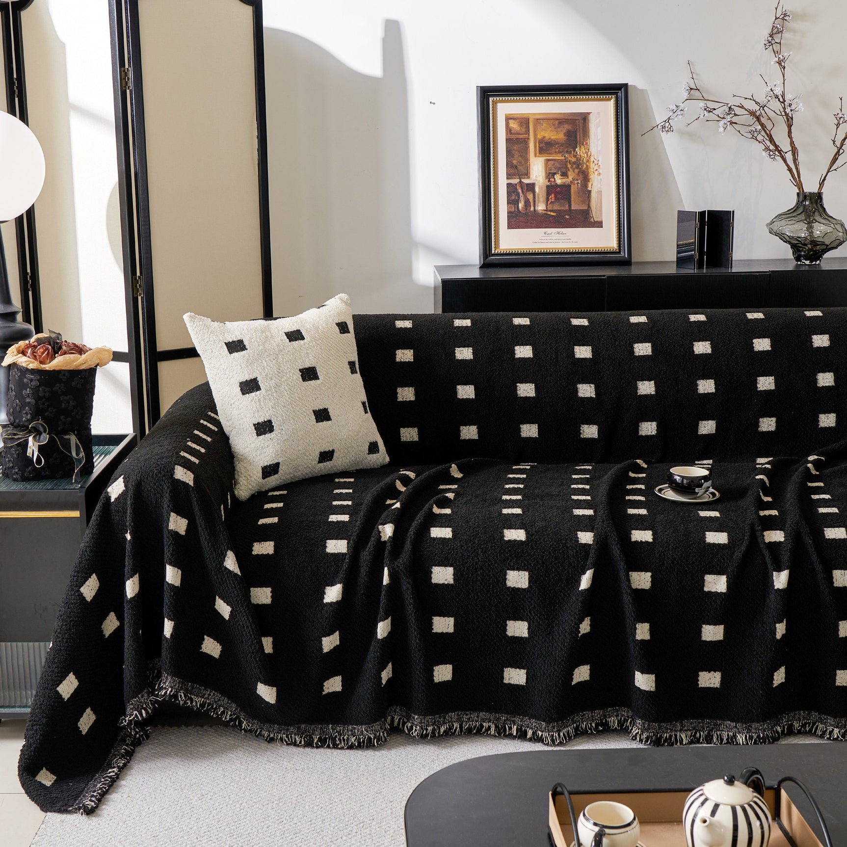Sofa Throw Blanket with Woven Geometric Pattern & Tassels, Soft & Thick Couch Cover - Ornate Home