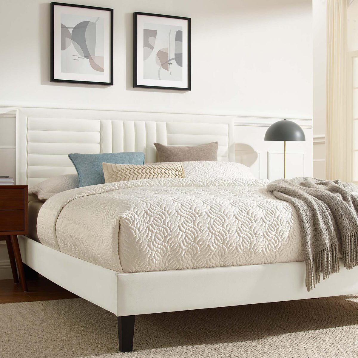 Sofia White Channel Tufted Performance Velvet King Platform Bed - 82.5x79" - Ornate Home