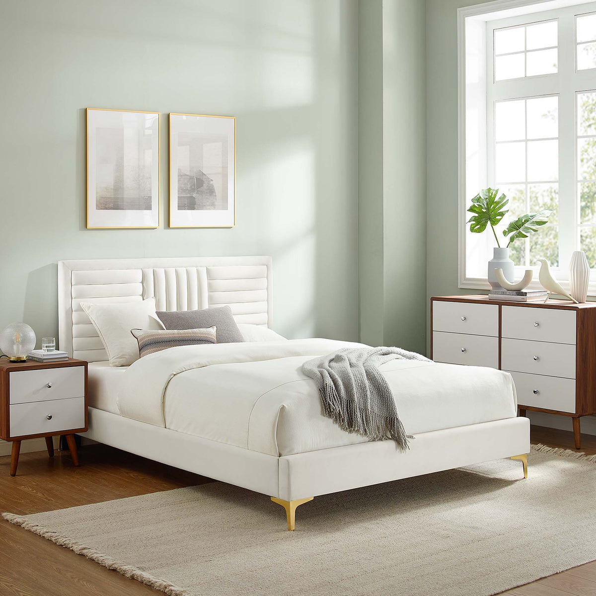 Sofia White Channel Tufted Performance Velvet King Platform Bed - 87x79" - Ornate Home