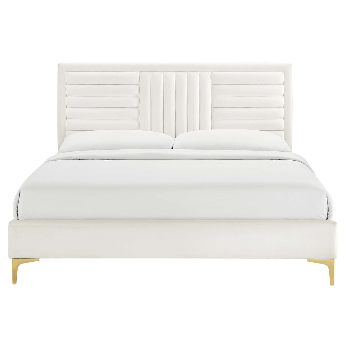 Sofia White Channel Tufted Performance Velvet Queen Platform Bed - 87x63.5x12.5" - Ornate Home