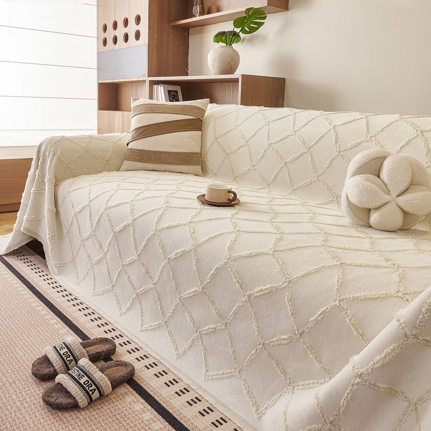 Soft Chenille Sofa Throw Cover, Raised Geometric Texture Furniture Protector Blanket - Ornate Home
