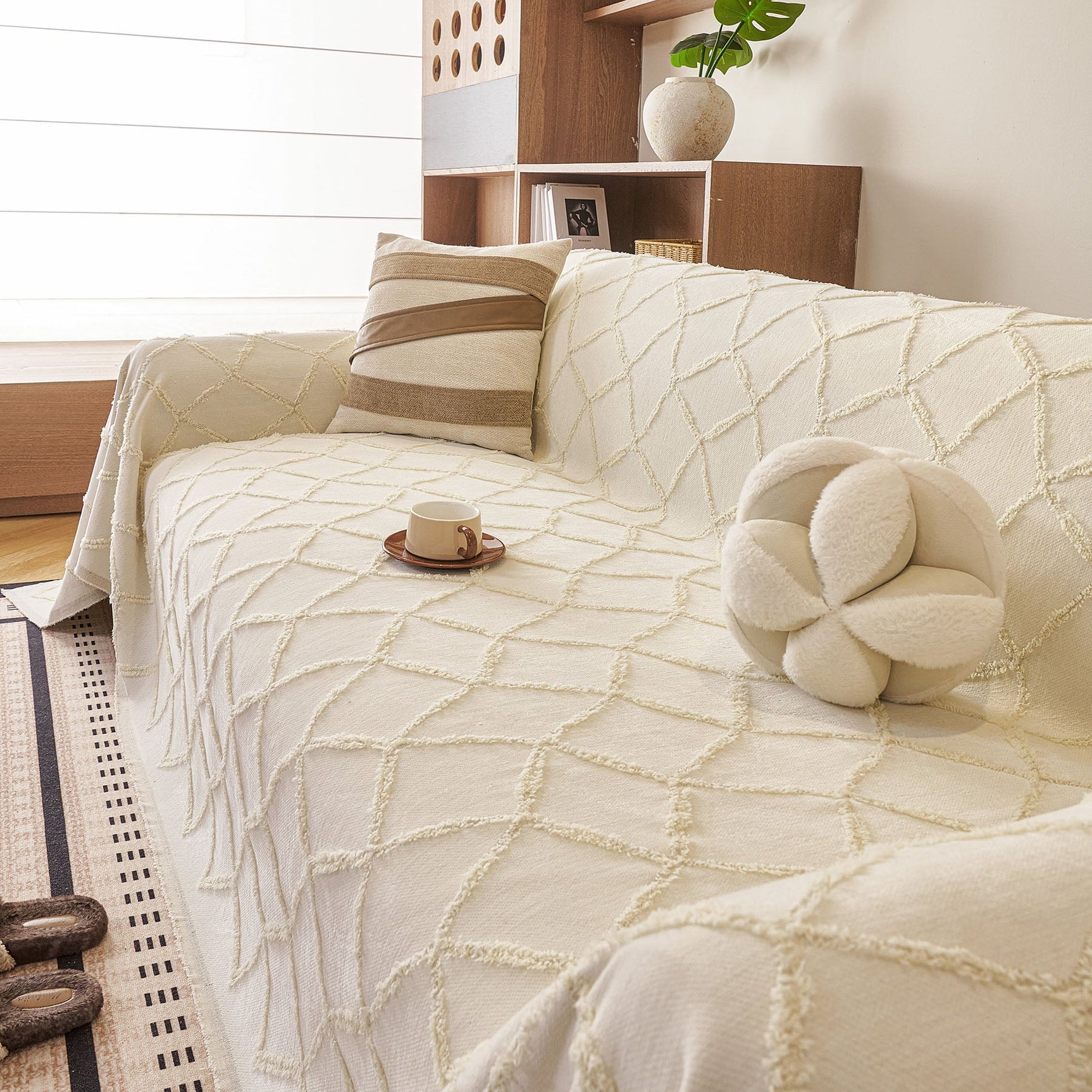 Soft Chenille Sofa Throw Cover, Raised Geometric Texture Furniture Protector Blanket - Ornate Home