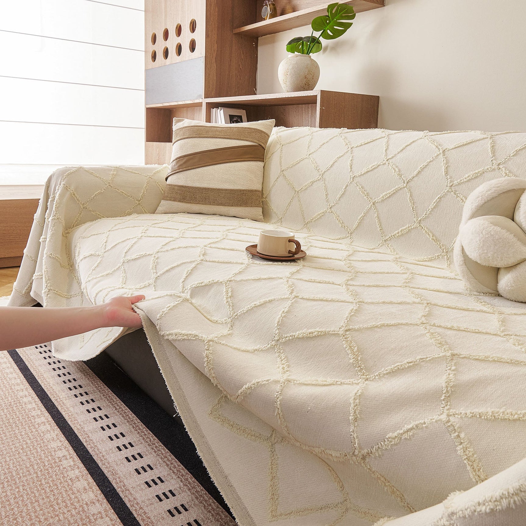 Soft Chenille Sofa Throw Cover, Raised Geometric Texture Furniture Protector Blanket - Ornate Home