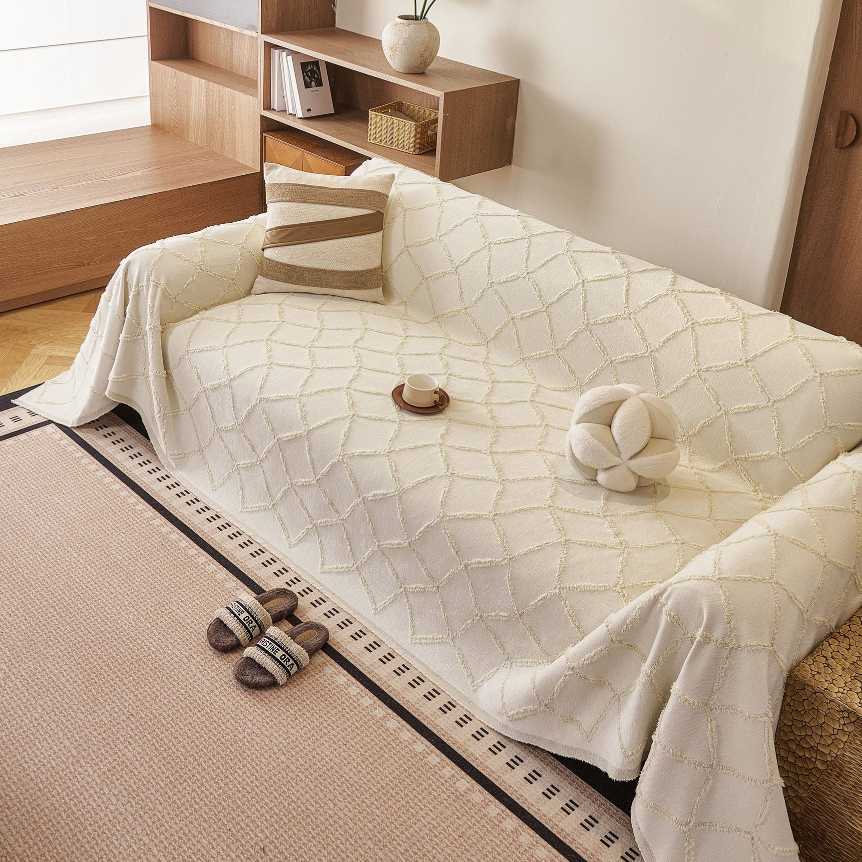 Soft Chenille Sofa Throw Cover, Raised Geometric Texture Furniture Protector Blanket - Ornate Home