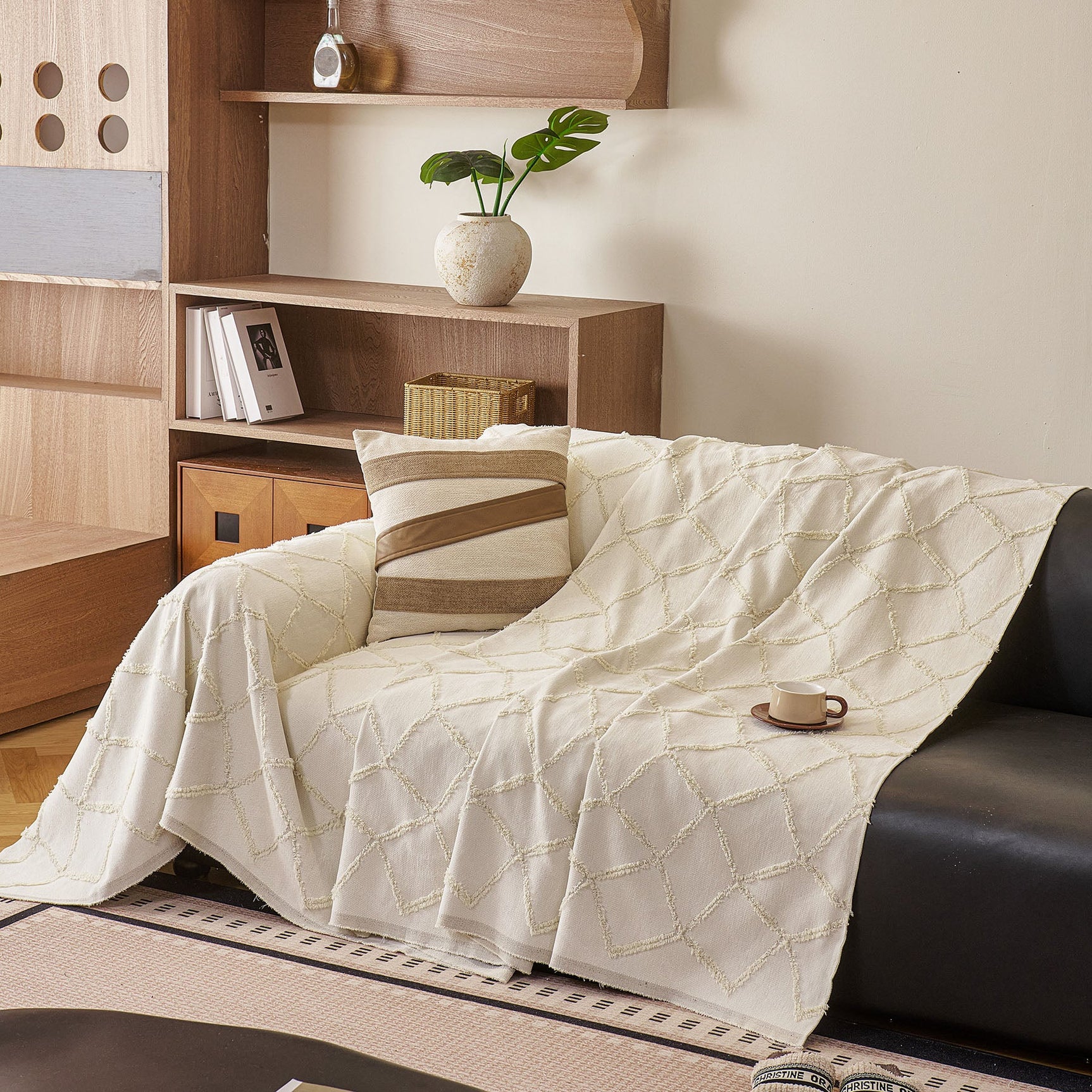 Soft Chenille Sofa Throw Cover, Raised Geometric Texture Furniture Protector Blanket - Ornate Home