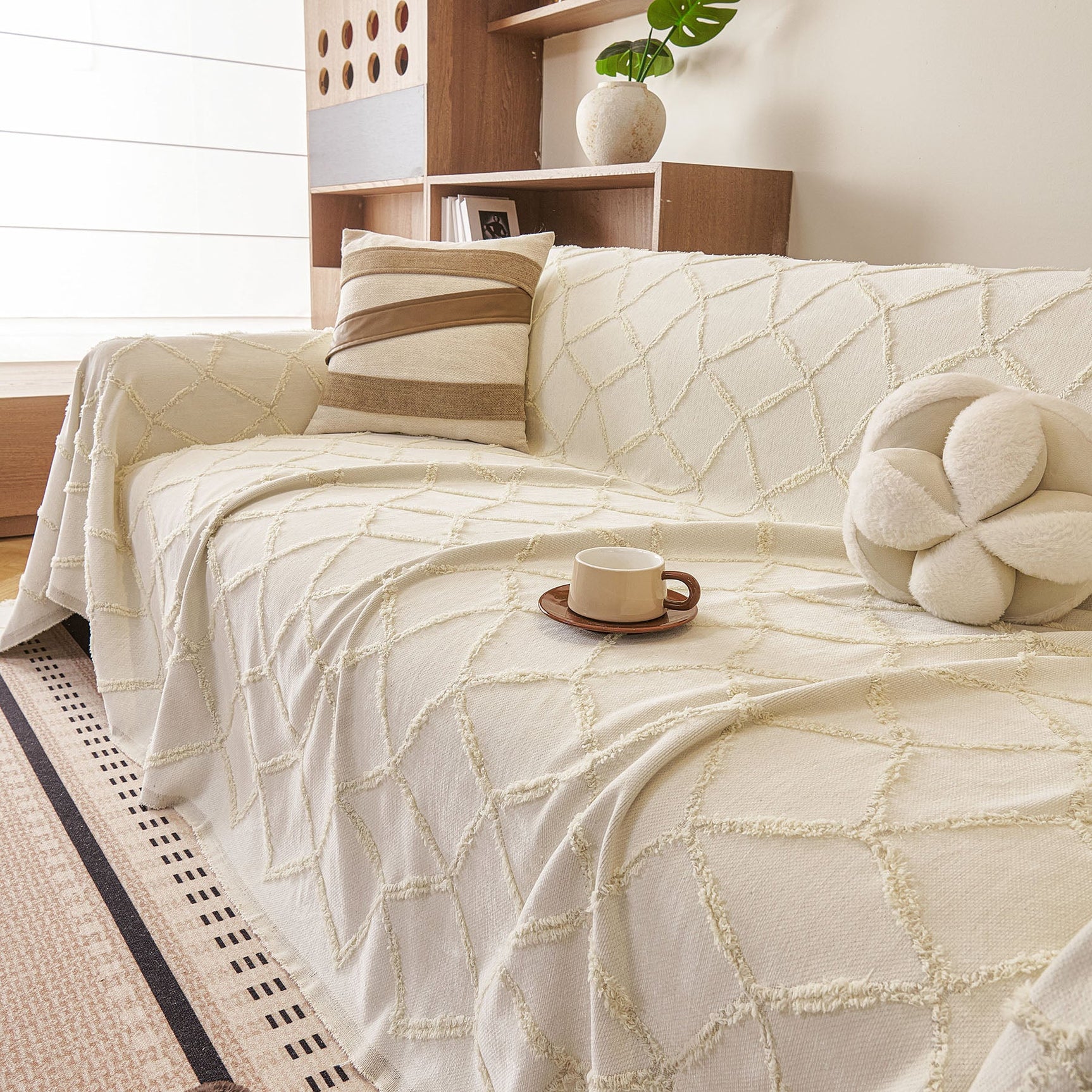 Soft Chenille Sofa Throw Cover, Raised Geometric Texture Furniture Protector Blanket - Ornate Home