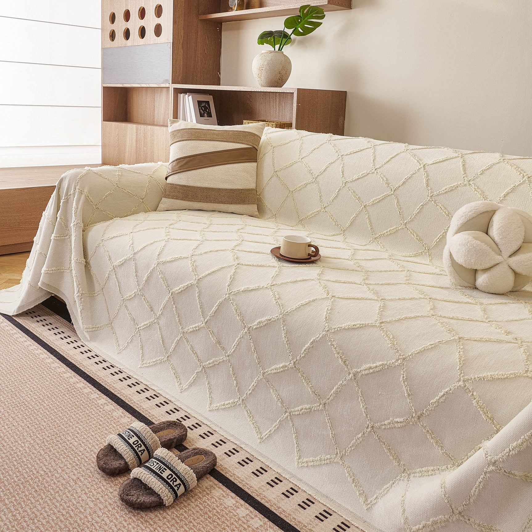 Soft Chenille Sofa Throw Cover, Raised Geometric Texture Furniture Protector Blanket - Ornate Home