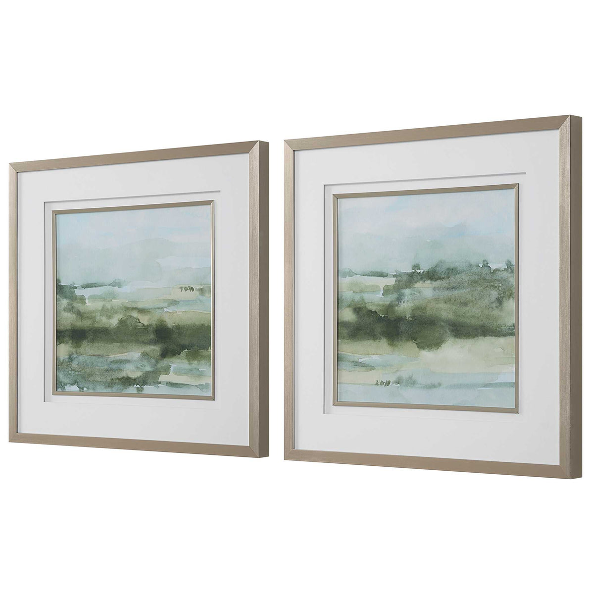 Soft Sage Green/White Abstract Landscape Prints (Set of 2) - Ornate Home