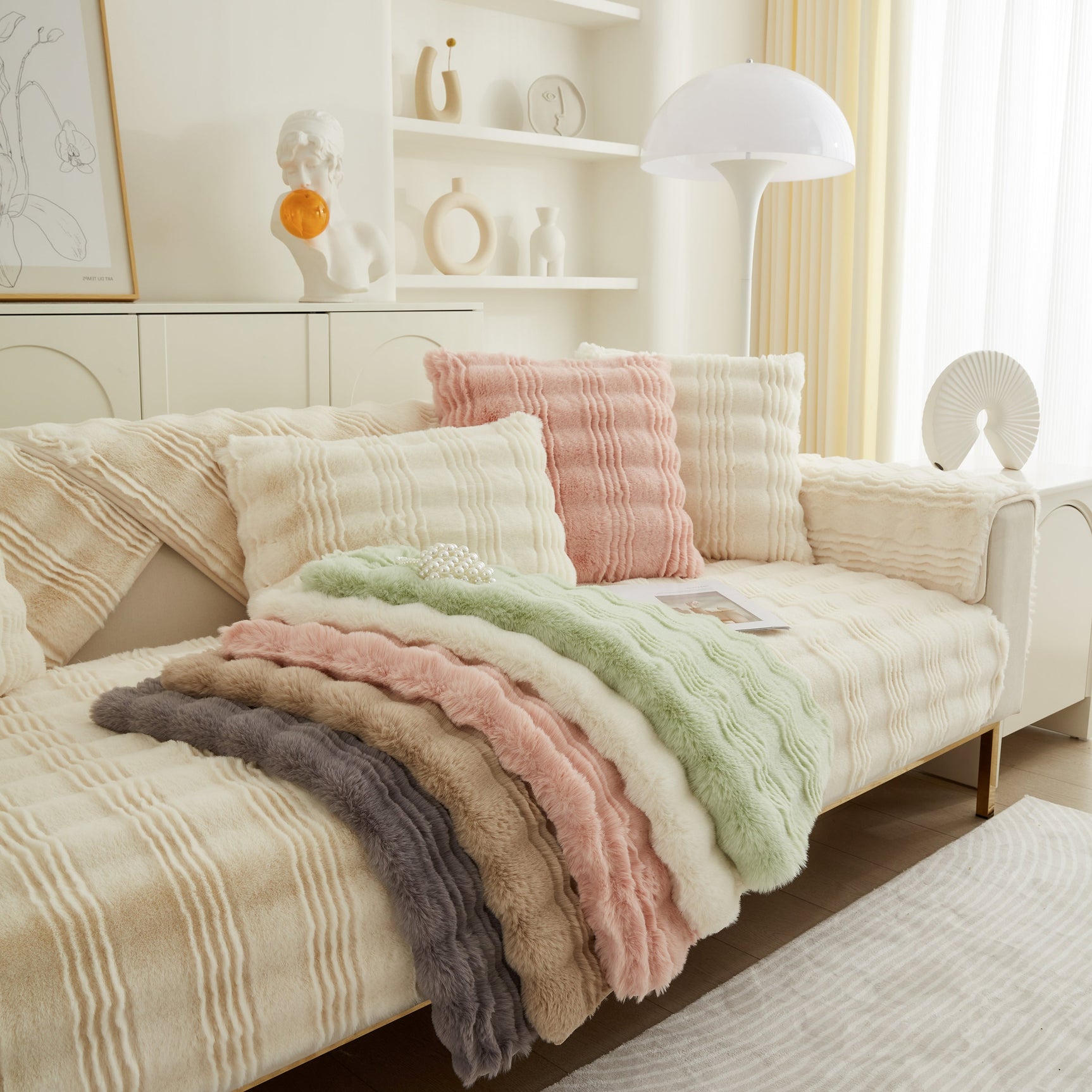 Soft Thick Faux Fur Sofa Cover Stripe Fluffy Fuzzy Non-Slip Washable Couch Covers - Ornate Home