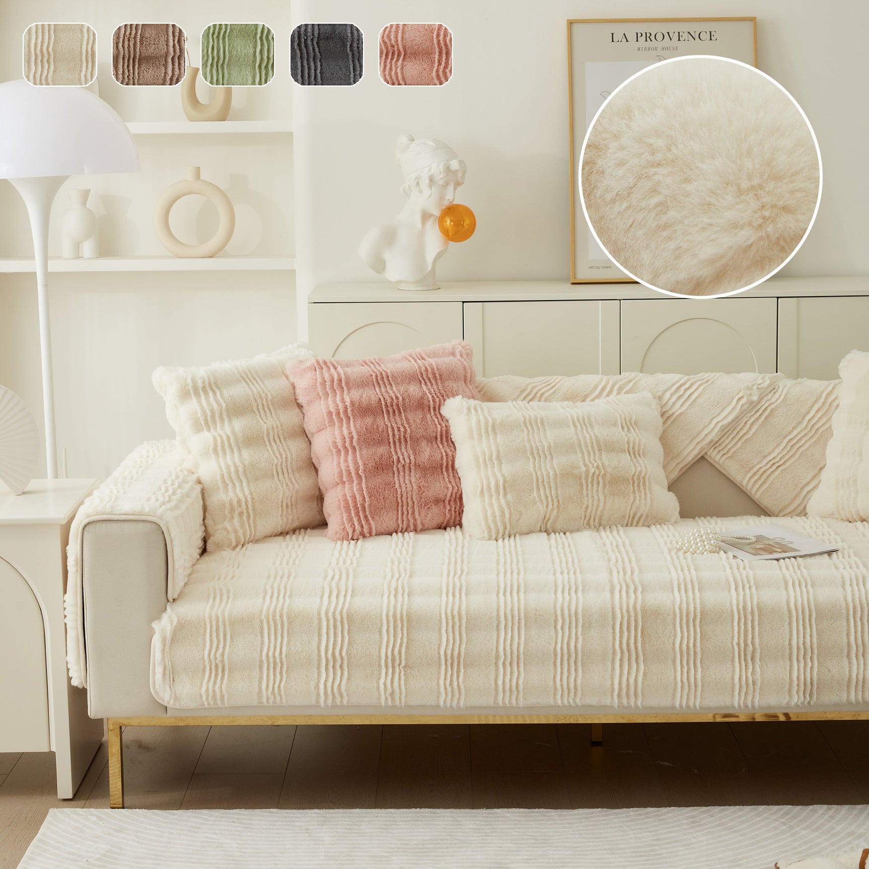 Soft Thick Faux Fur Sofa Cover Stripe Fluffy Fuzzy Non-Slip Washable Couch Covers - Ornate Home