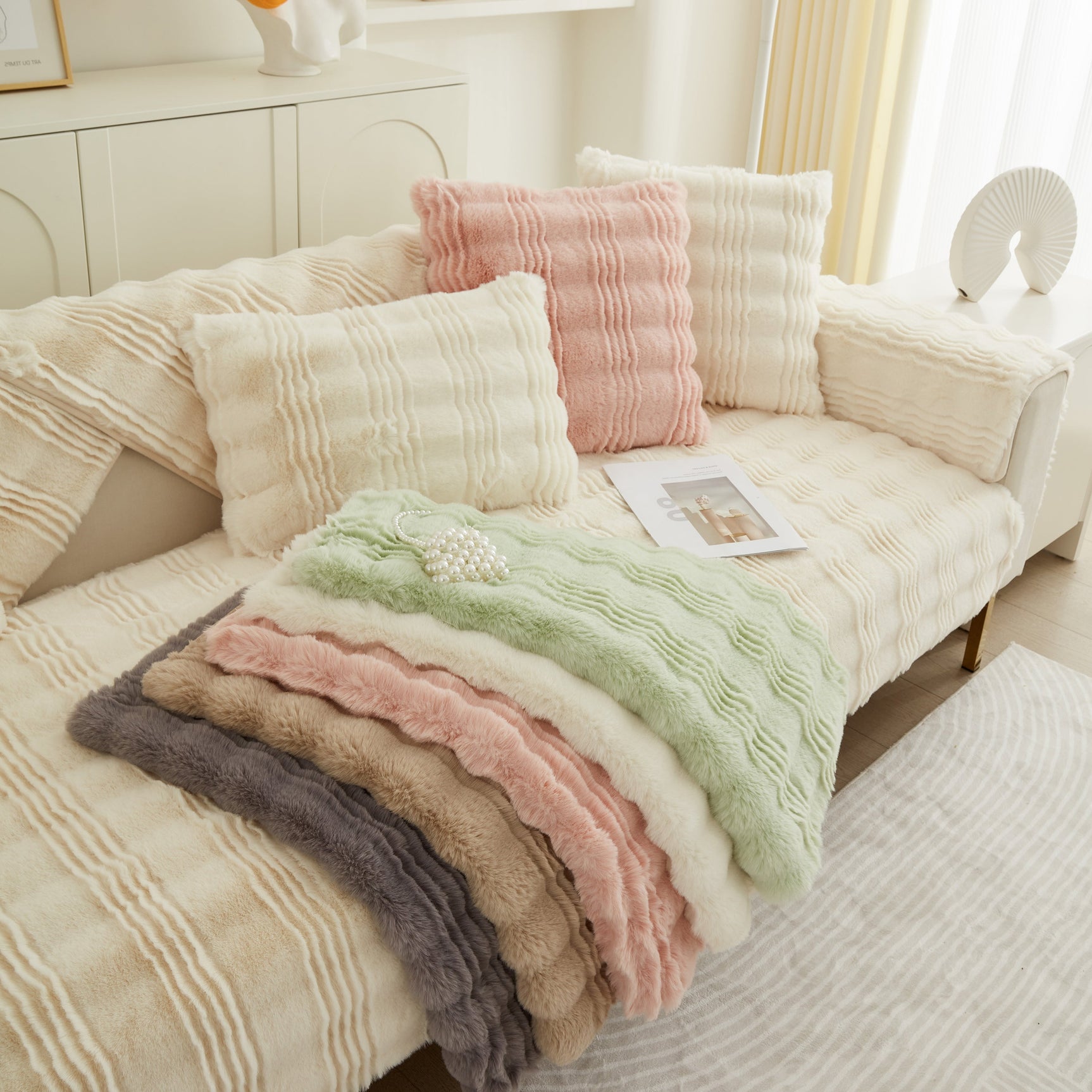 Soft Thick Faux Fur Sofa Cover Stripe Fluffy Fuzzy Non-Slip Washable Couch Covers - Ornate Home