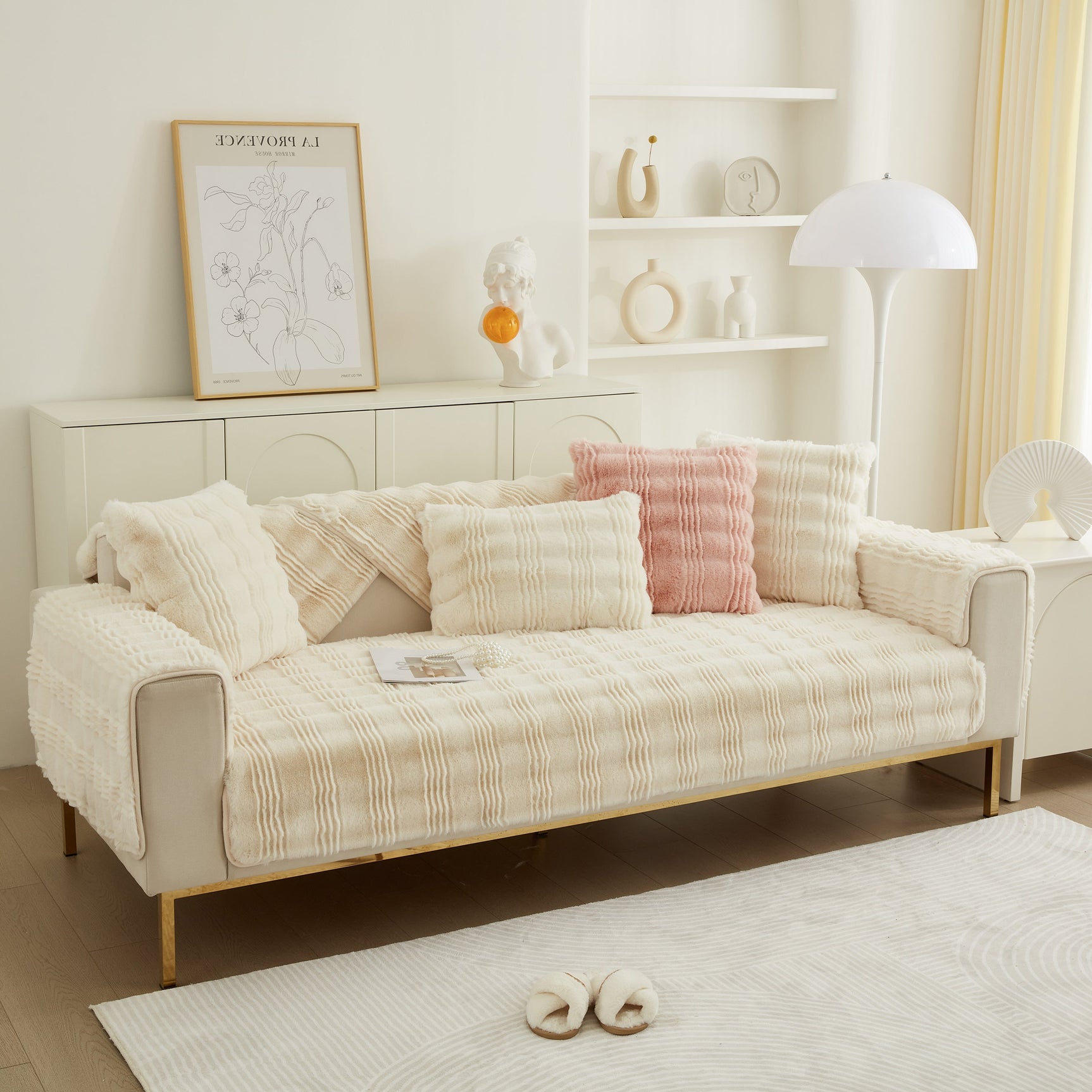 Soft Thick Faux Fur Sofa Cover Stripe Fluffy Fuzzy Non-Slip Washable Couch Covers - Ornate Home