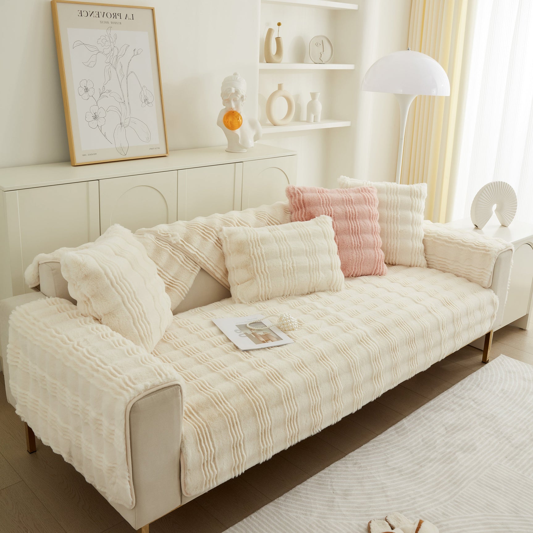 Soft Thick Faux Fur Sofa Cover Stripe Fluffy Fuzzy Non-Slip Washable Couch Covers - Ornate Home