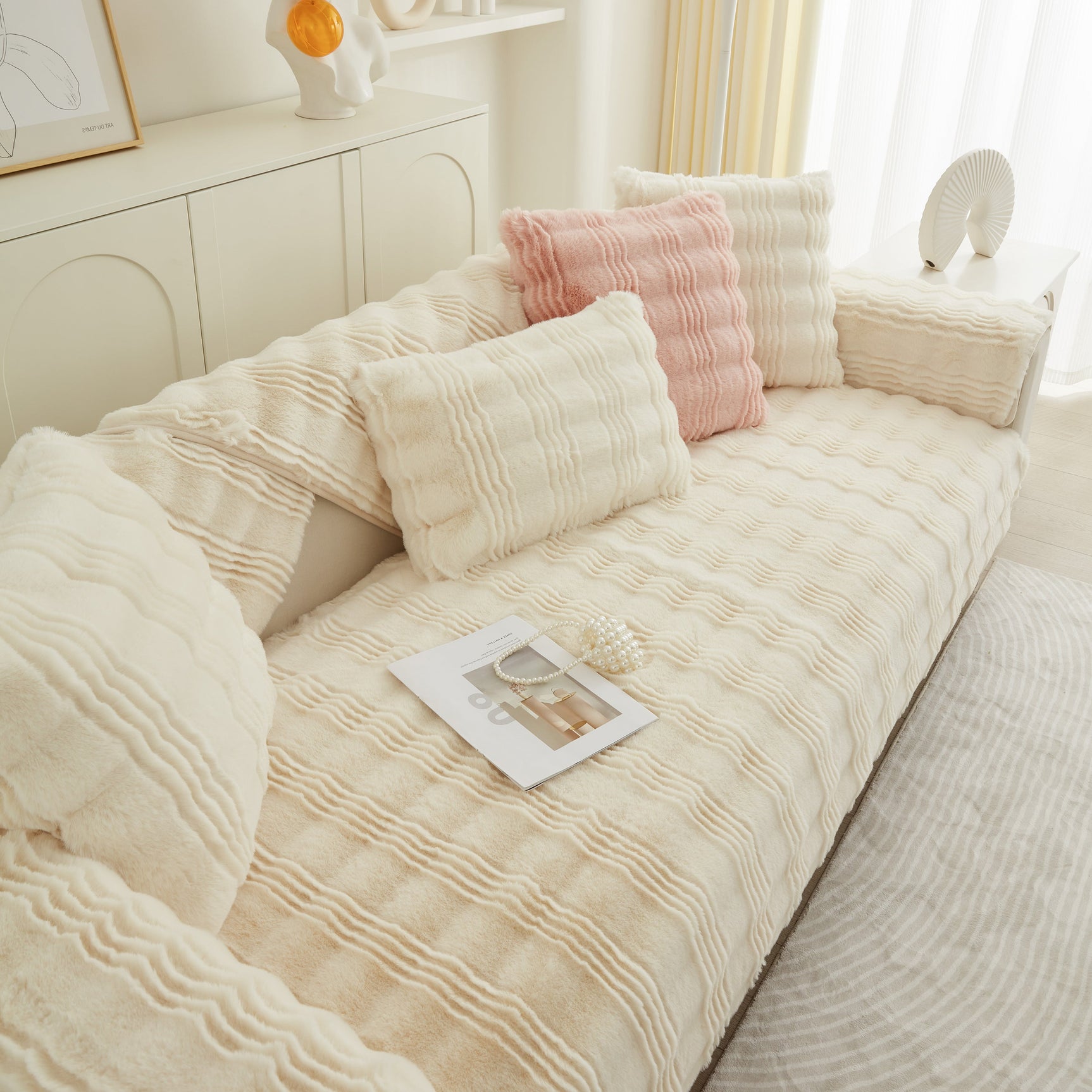 Soft Thick Faux Fur Sofa Cover Stripe Fluffy Fuzzy Non-Slip Washable Couch Covers - Ornate Home