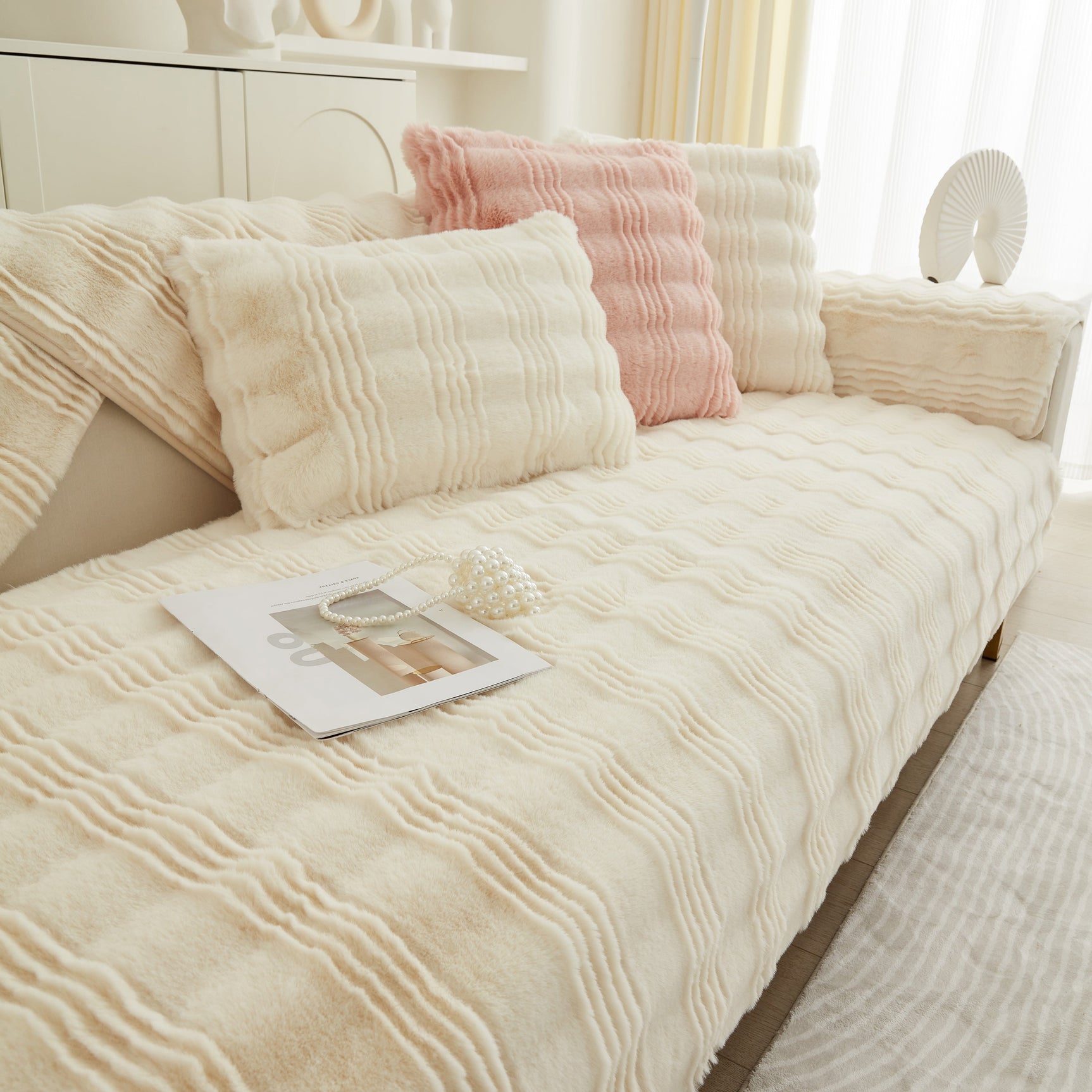Soft Thick Faux Fur Sofa Cover Stripe Fluffy Fuzzy Non-Slip Washable Couch Covers - Ornate Home