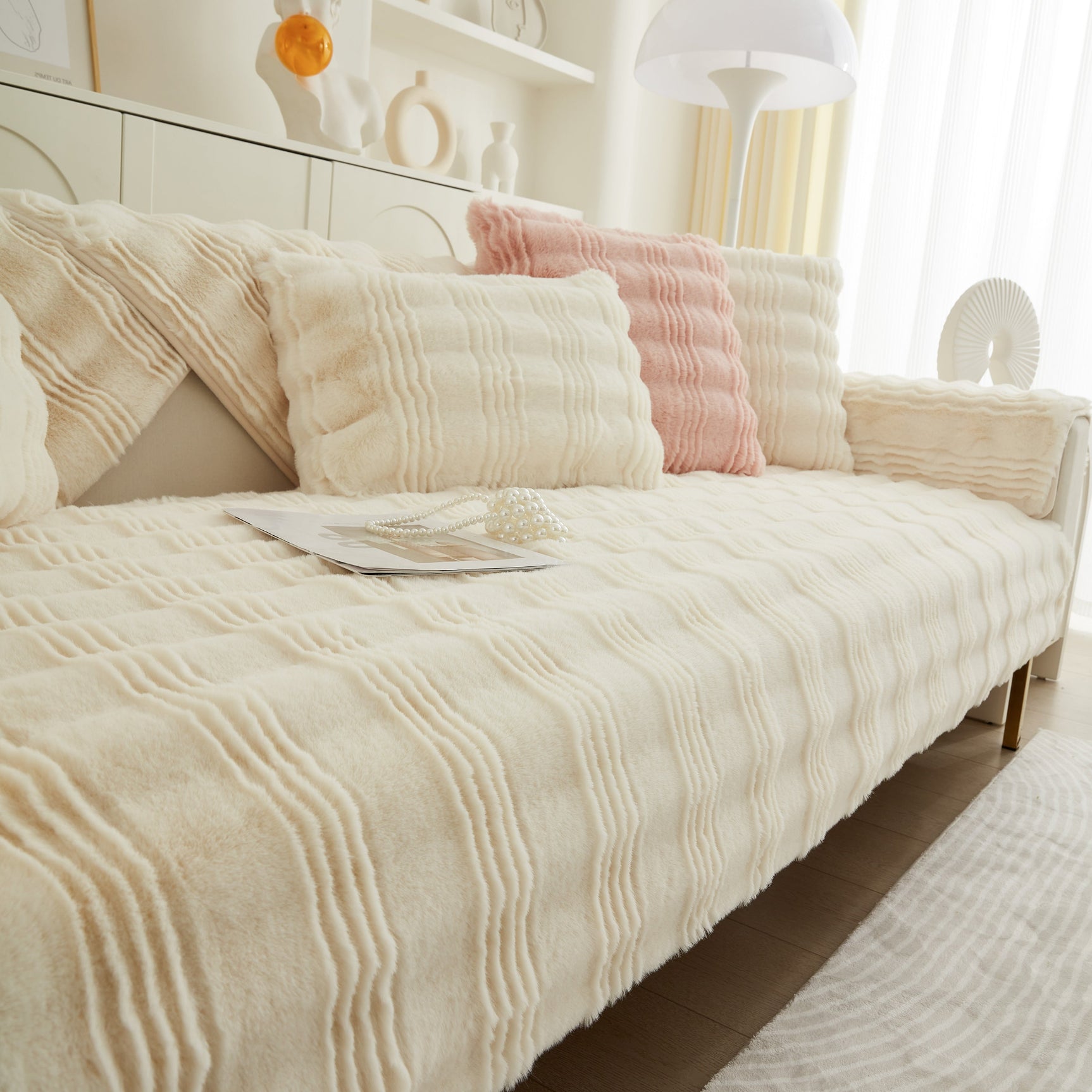 Soft Thick Faux Fur Sofa Cover Stripe Fluffy Fuzzy Non-Slip Washable Couch Covers - Ornate Home