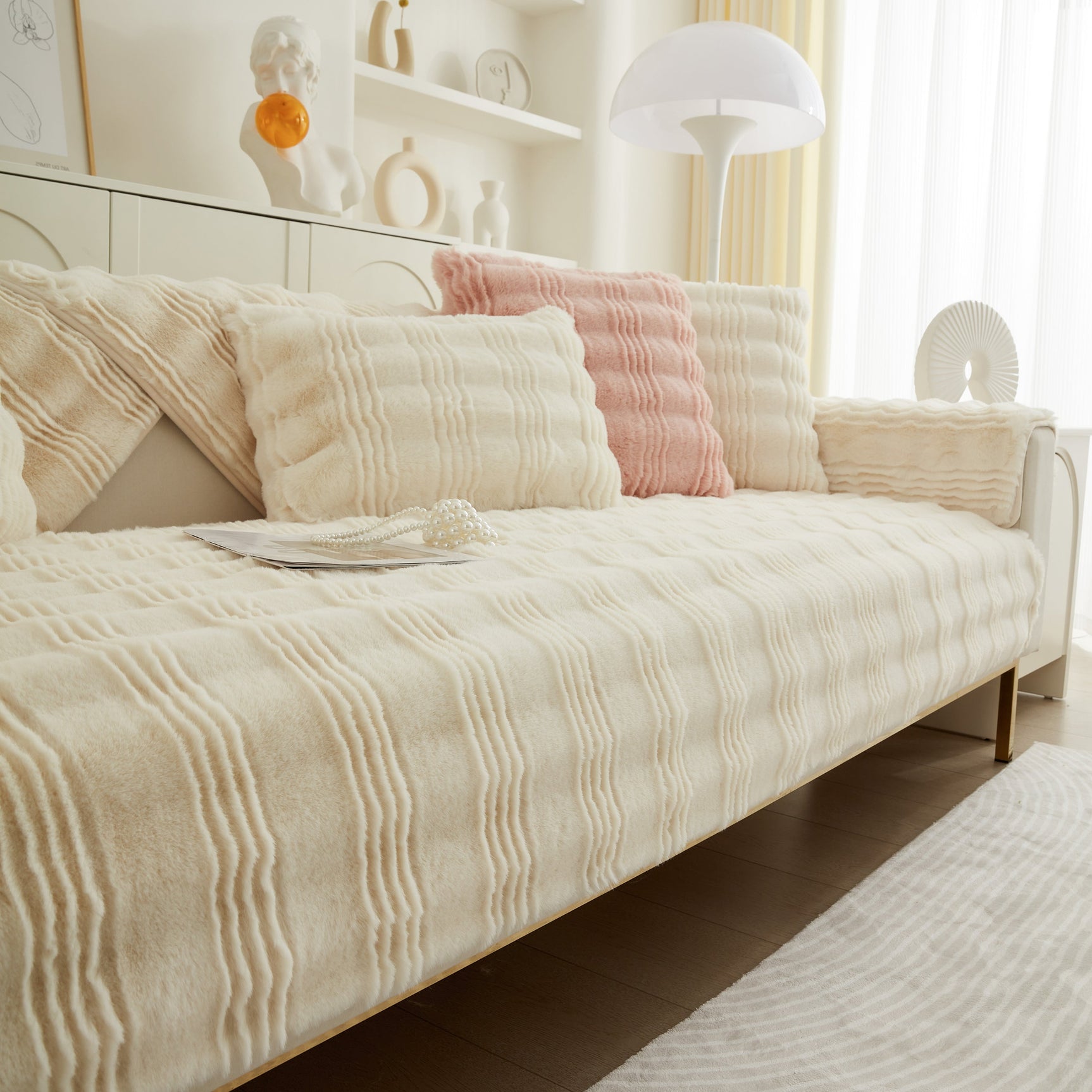 Soft Thick Faux Fur Sofa Cover Stripe Fluffy Fuzzy Non-Slip Washable Couch Covers - Ornate Home