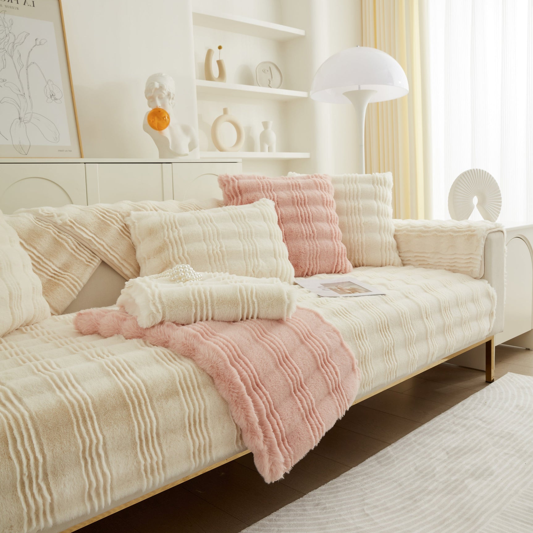 Soft Thick Faux Fur Sofa Cover Stripe Fluffy Fuzzy Non-Slip Washable Couch Covers - Ornate Home