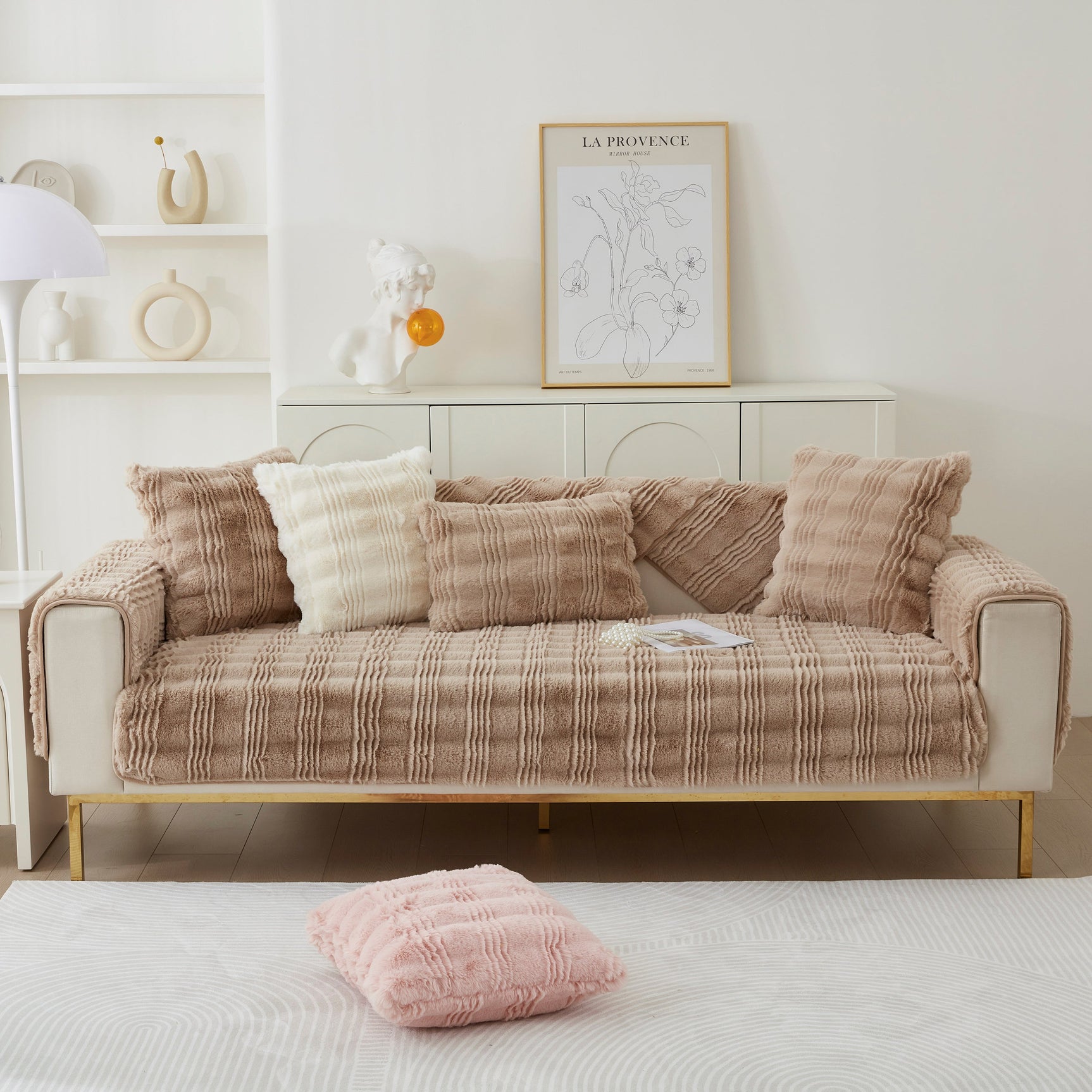 Soft Thick Faux Fur Sofa Cover Stripe Fluffy Fuzzy Non-Slip Washable Couch Covers - Ornate Home